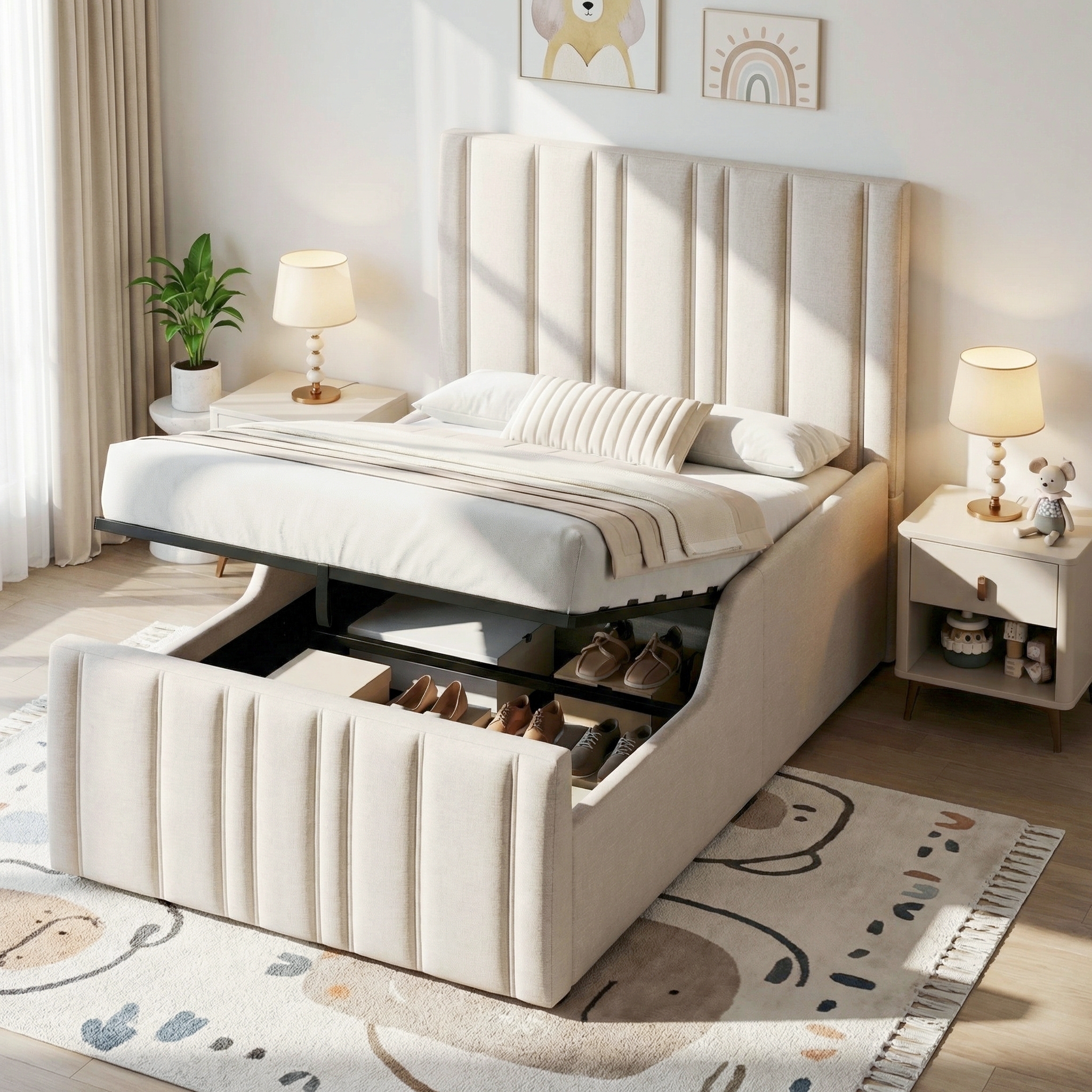 Upholstered Bed, Single Bed, Children's Bed, 3ft-90 X 190cm, Hydraulic Bed, Bed With Headboard And Large Storage Space, Upholstered Headboard, Beige, Linen