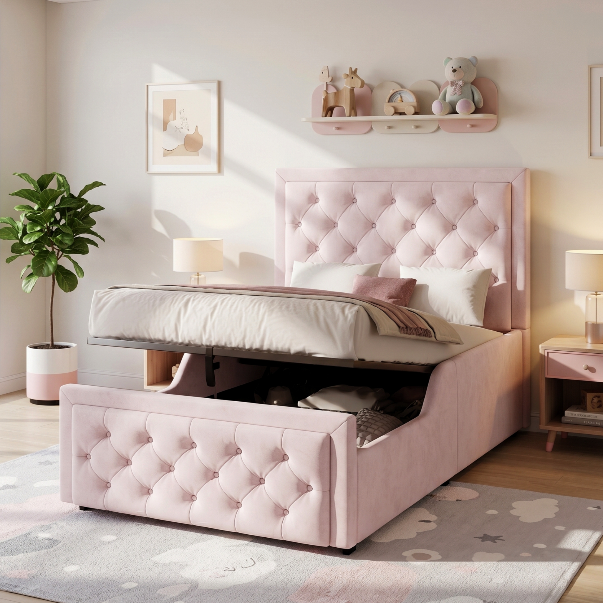 Upholstered Bed, Single Bed, Children's Bed, 3ft-90 X 190cm, Hydraulic Bed, Bed With Headboard And Large Storage Space, Upholstered Headboard, Pink, Velvet