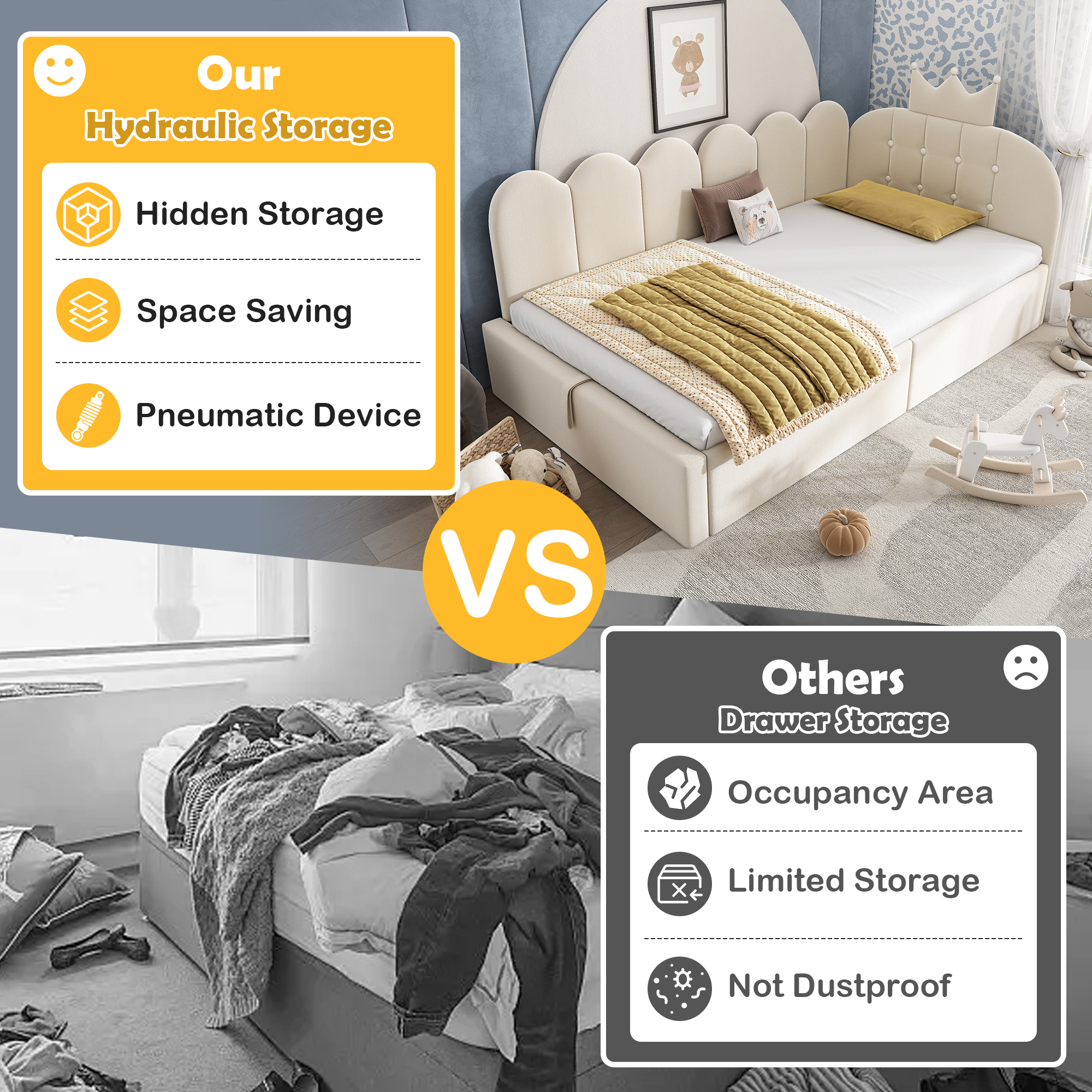 Upholstered Daybed With Hydraulic Storage, 3FT Single Sofa Bed 90 X 190 Cm, Crown-shaped Bed Guest Beds For Adults & Children, Velvet, Beige  No Mattress