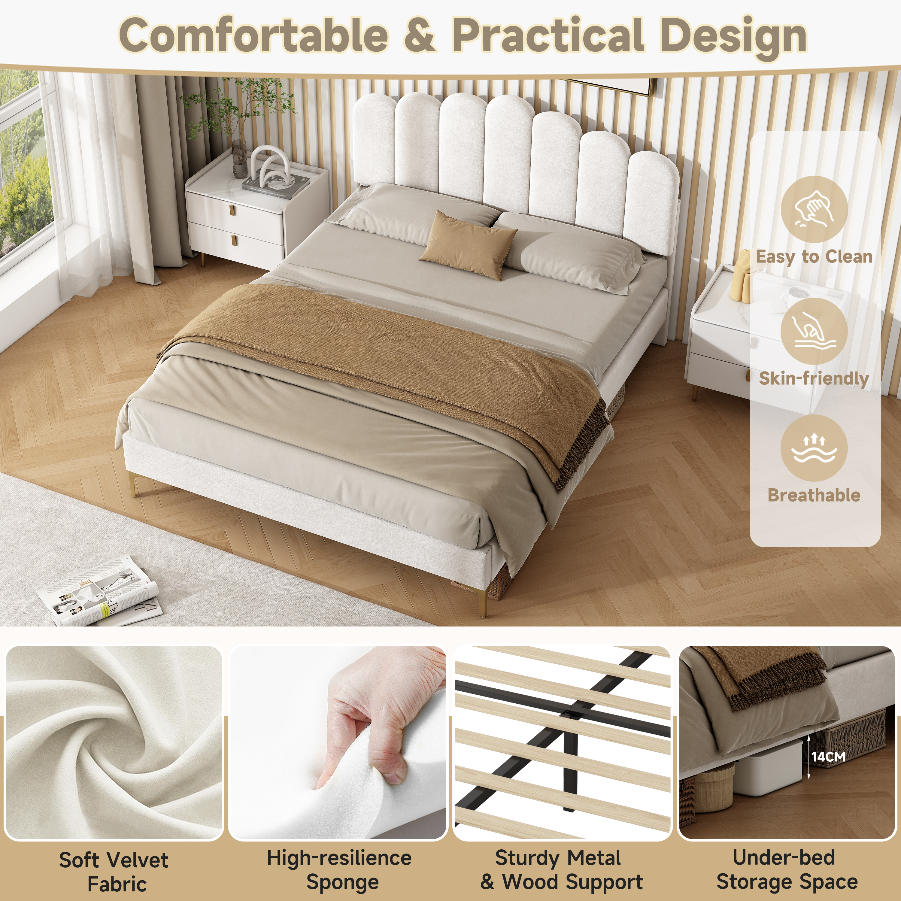 4ft6 Double Premium Velvet Upholstered Bed Frame With Scalloped Channel Tufted Design, Height Adjustable Headboard & Gold Metal Feet, Under-bed Storage Space, No Box Spring Needed, Beige  No Mattress
