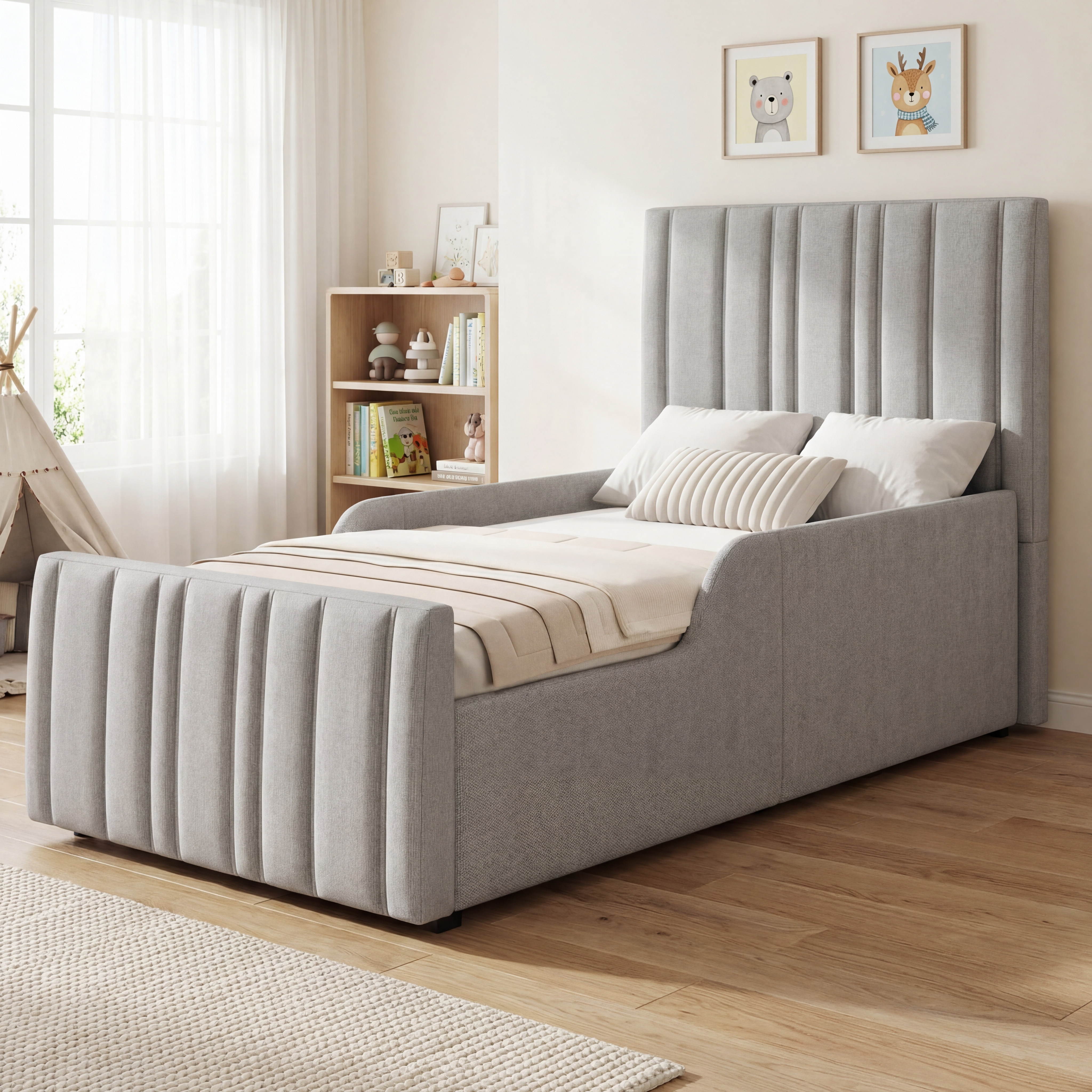 Upholstered Bed, Single Bed, Children's Bed, 3ft-90 X 190cm, Hydraulic Bed, Bed With Headboard And Large Storage Space, Upholstered Headboard, Grey, Linen