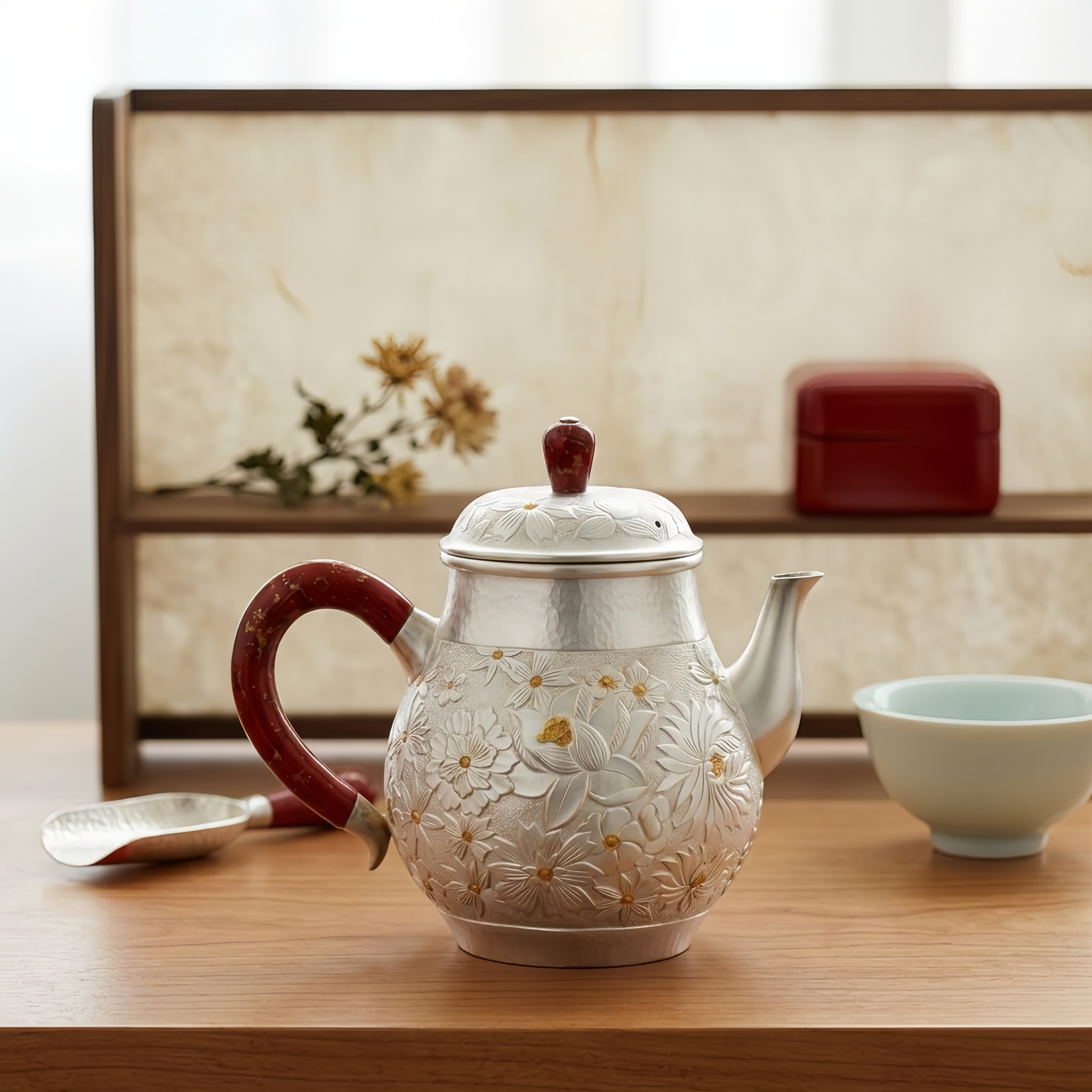 Pure 999 Fine Silver Elegant Silver-Toned Floral Teapot with Marbled Red Handle and Embossed Blossoms - Handicraft