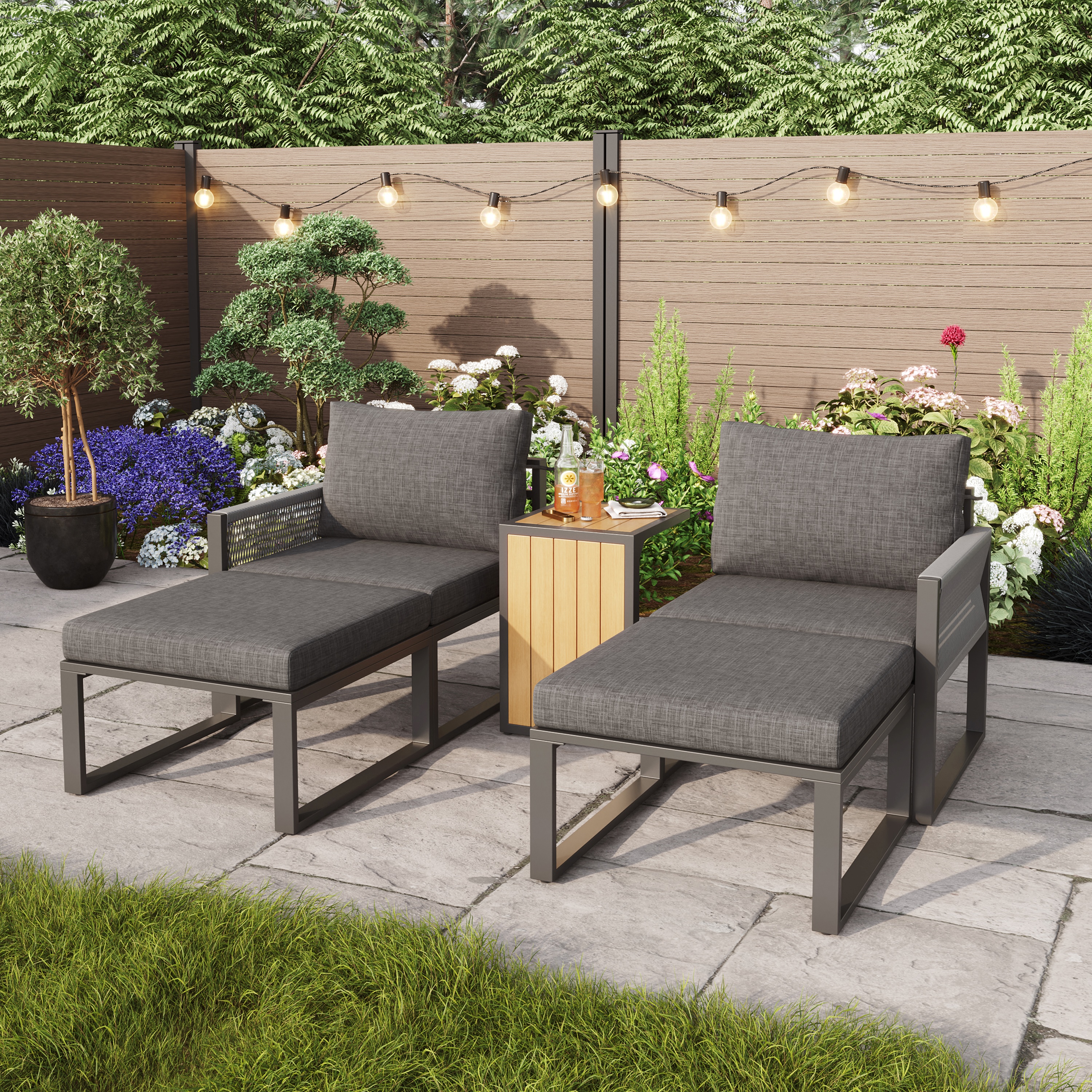 2-4 Seater Modular Garden Furniture Set With Plastic Wood Table, Flexible Corner Sofa With Polyester Rope And Waterproof Linen Fabric, Weatherproof Outdoor Patio Lounge Set, Grey