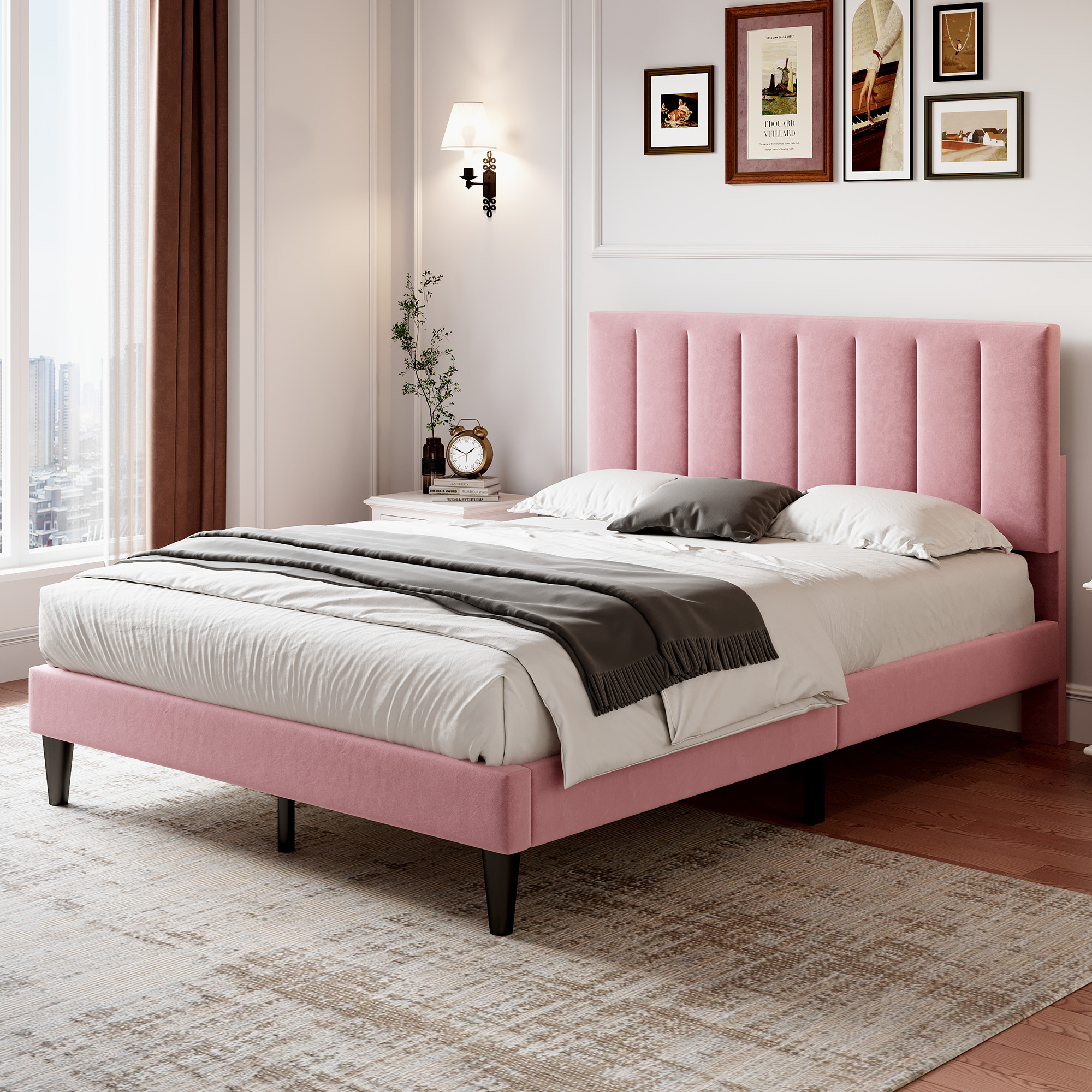 4ft6 Double Upholstered Velvet Bed Frame, With Adjustable Channel Tufted Headboard, Velvet Platform Bed Frame With Solid Wood Slat And Mute Foam, No Box Spring Needed, Easy Assembly, Pink