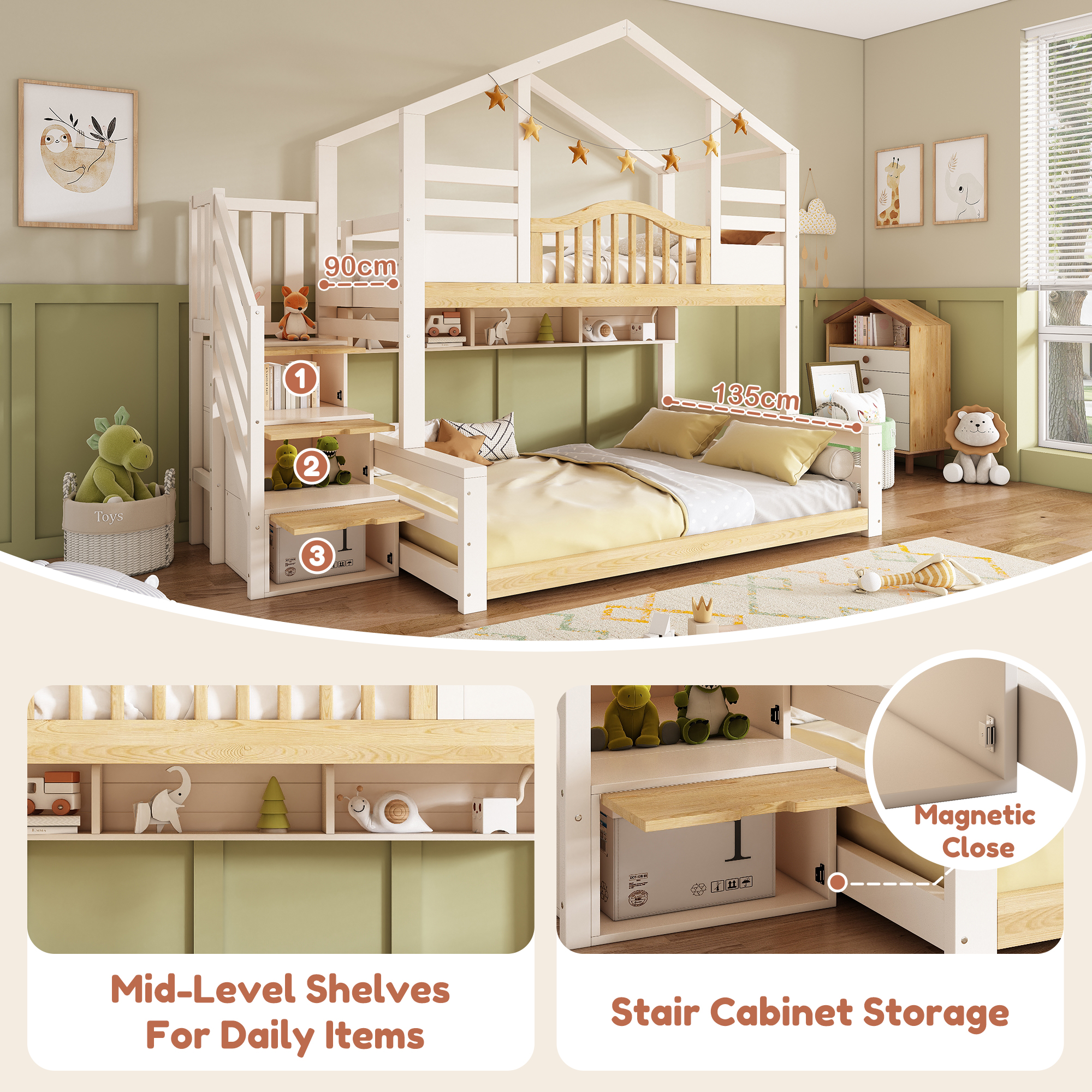 Bunk Beds For Kids, Staircase Bunk With Storage Space, Small House-shaped Children's Bed, Double Bunk Bed For Family With Multiple Children,  90 135  X 190 Cm, Solid Wood, White & Natural