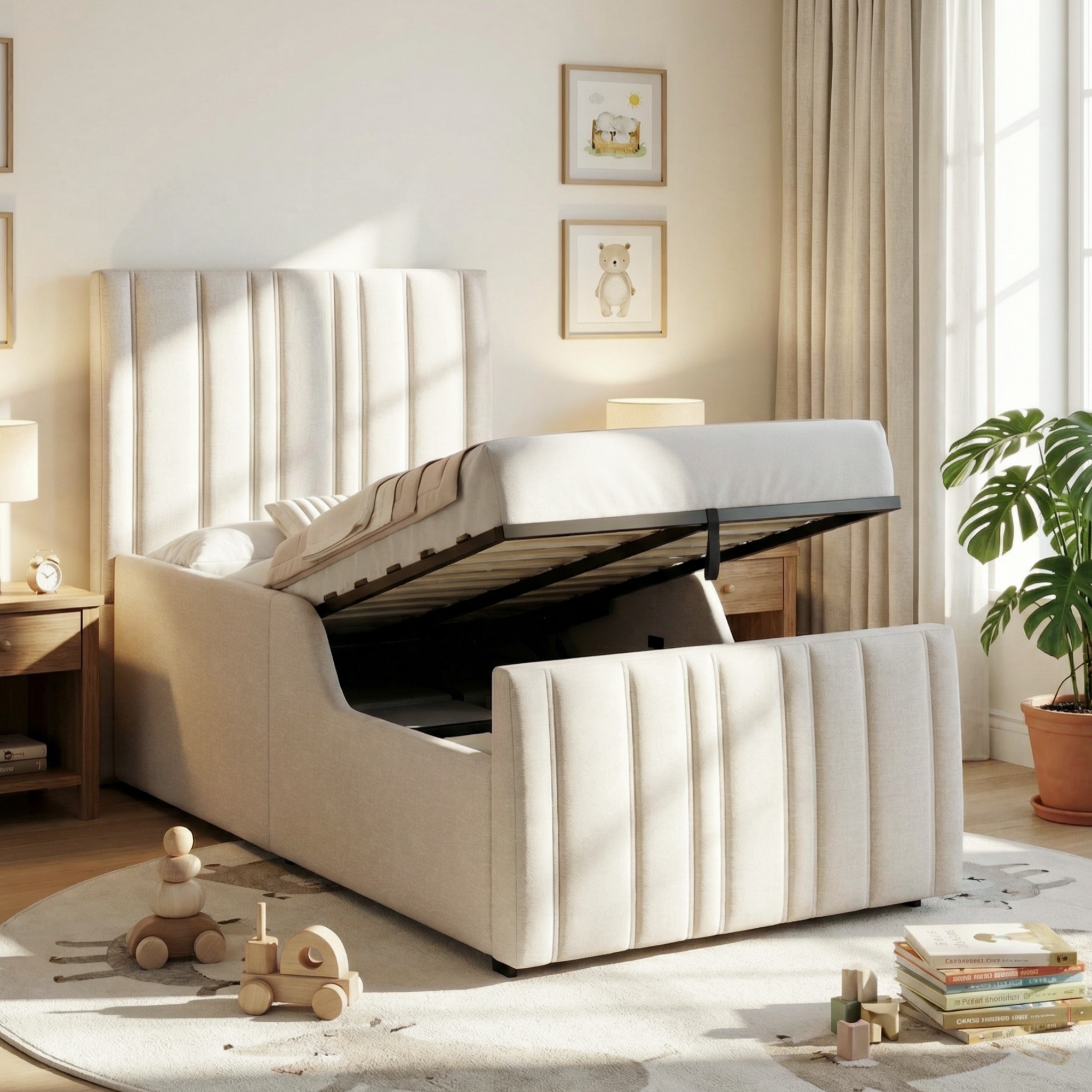 Upholstered Bed, Single Bed, Children's Bed, 3ft-90 X 190cm, Hydraulic Bed, Bed With Headboard And Large Storage Space, Upholstered Headboard, Beige, Linen
