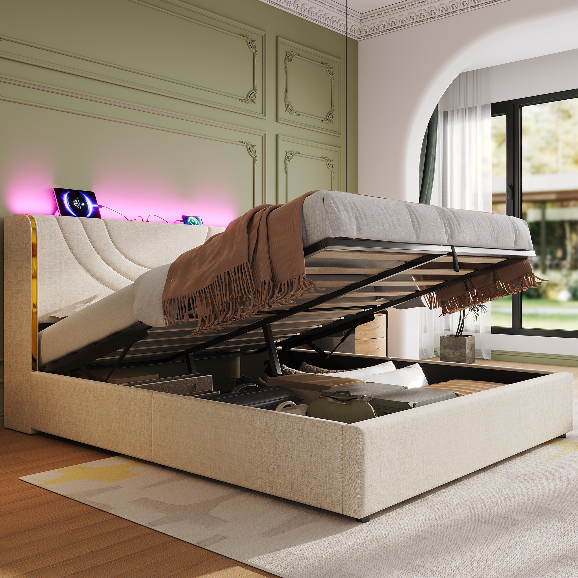 4ft6 Double Upholstered Bed Frame With Hydraulic Storage, LED Headboard With Charging Station And Chrome Trim, USB And Type-C Ports, Linen, No Box Spring Needed, Beige  No Mattress