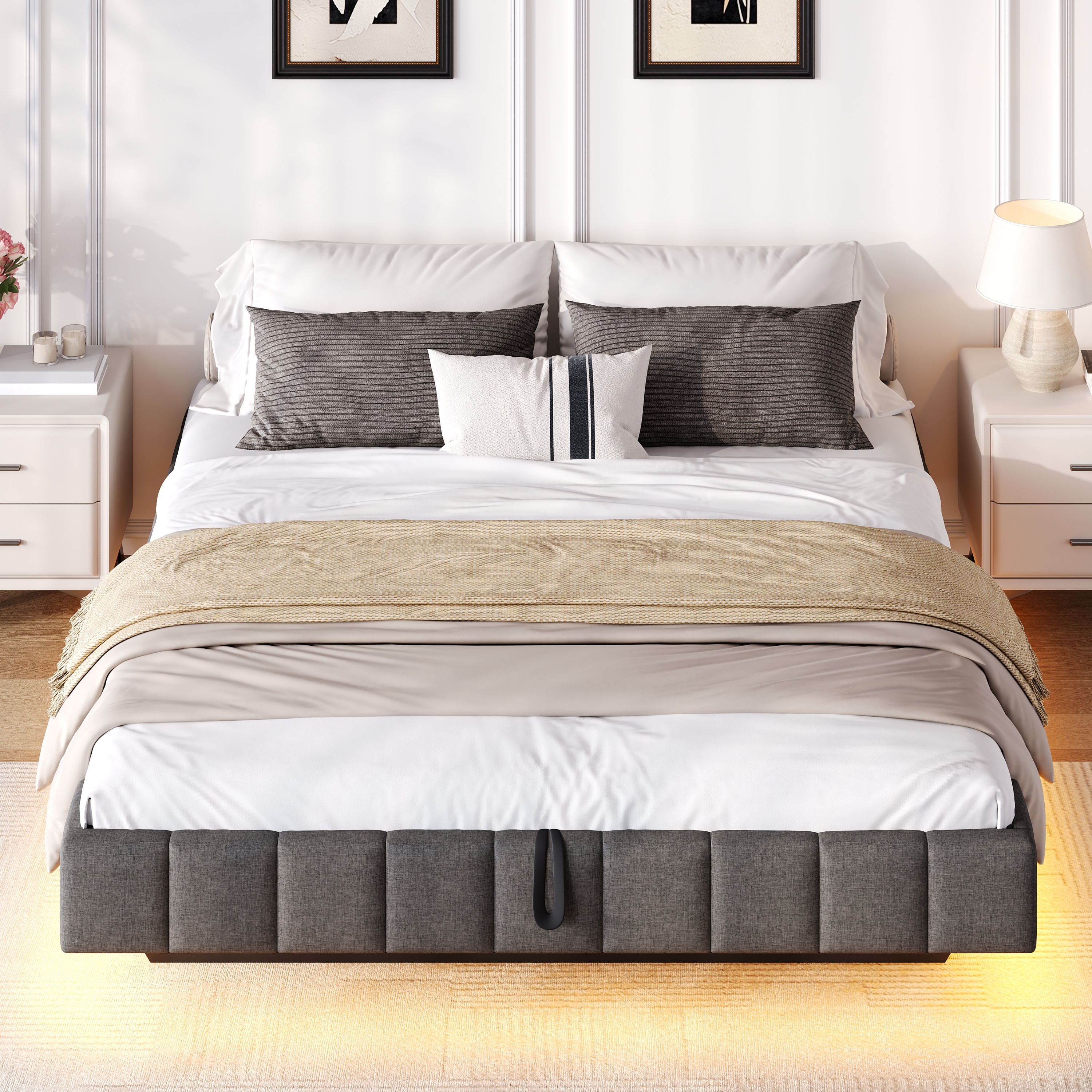 4ft6 Double Floating Bed Frame With Hydraulic Under-bed Storage & Smart RGB LED Lights, No Headboard Upholstered Bed With Concealed Anti-Collision Leg, Linen Fabric, Grey  No Mattress