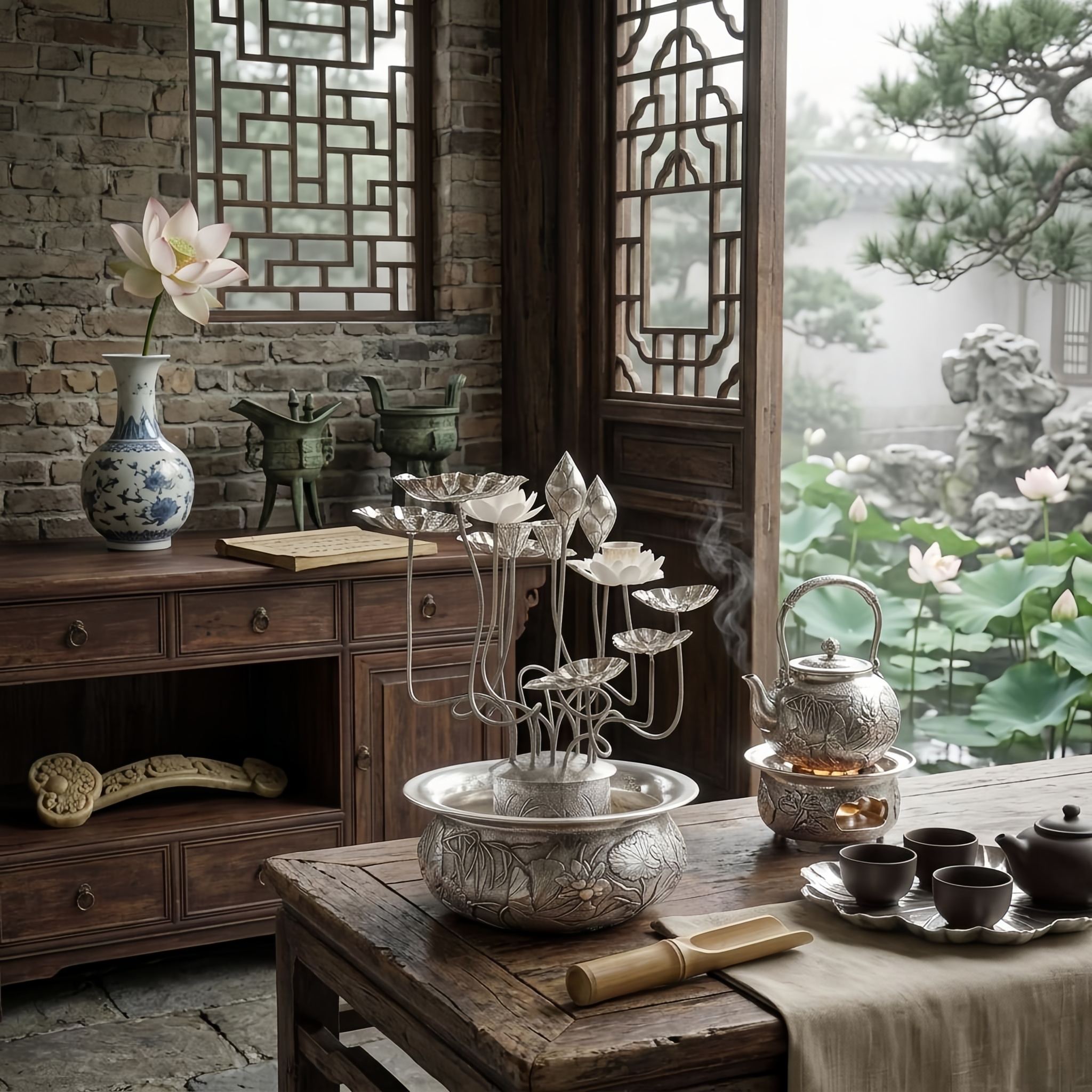 Pure 999 Fine Silver Ornate Silver Lotus Centerpiece with Hand-Engraved Floral Bowl - Handicraft