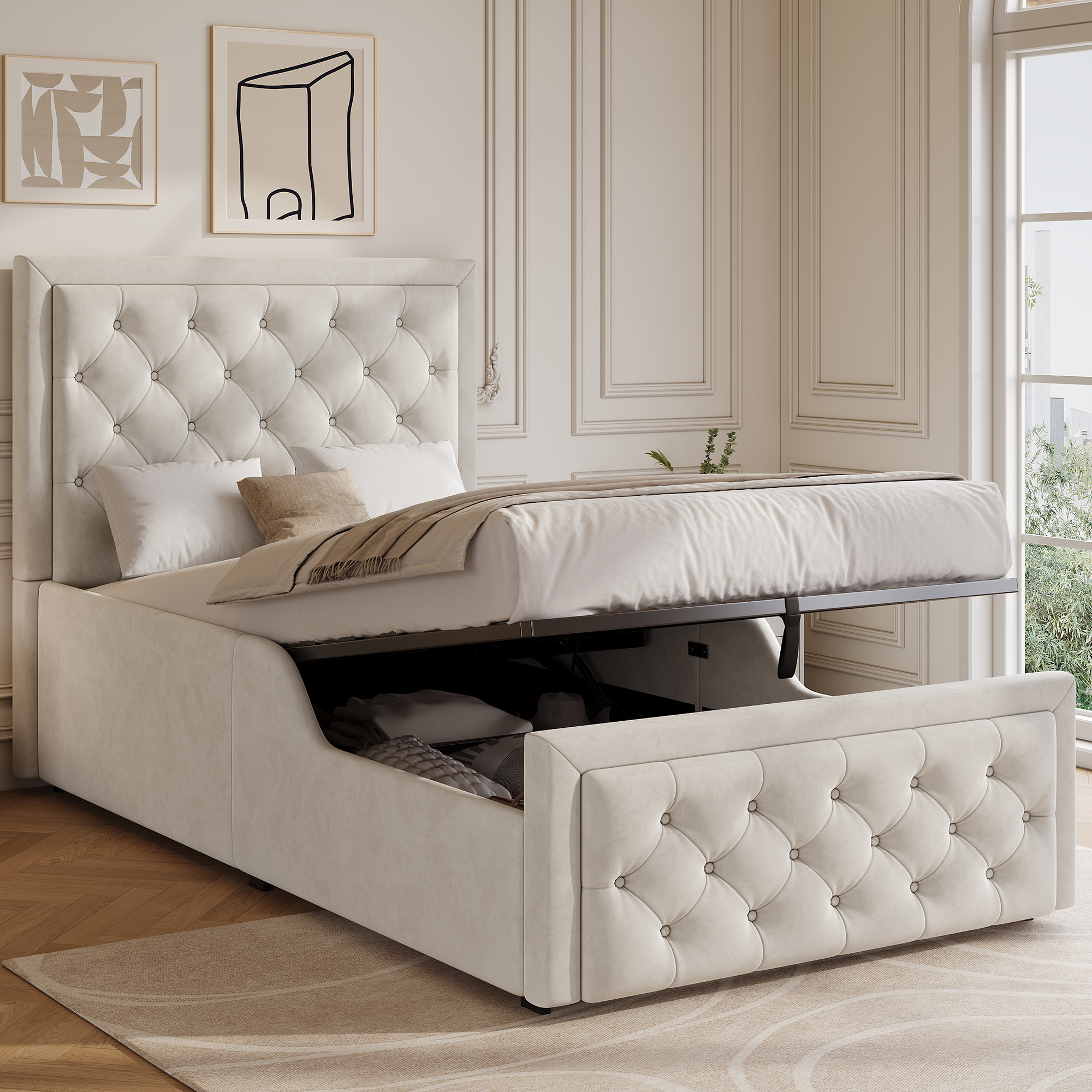Upholstered Bed, Single Bed, Children's Bed, 3ft-90 X 190cm, Hydraulic Bed, Bed With Headboard And Large Storage Space, Upholstered Headboard, Beige, Velvet
