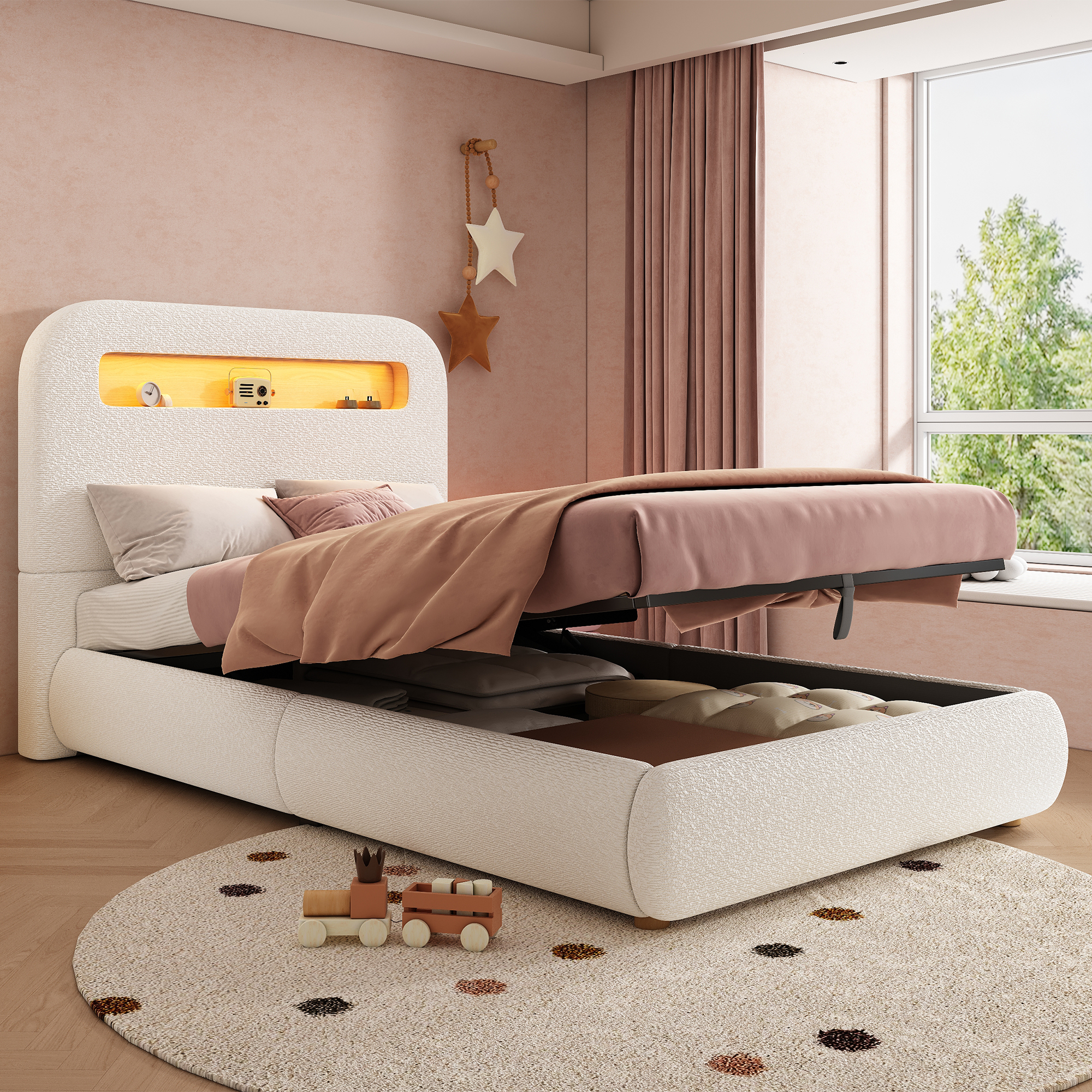Upholstered Bed, Single Bed, Childrens Bed, 3ft-90 X 190cm, Hydraulic Bed, Bed With Headboard And Large Storage Space, LED Lighting, Solid Wood Legs, White, Boucle