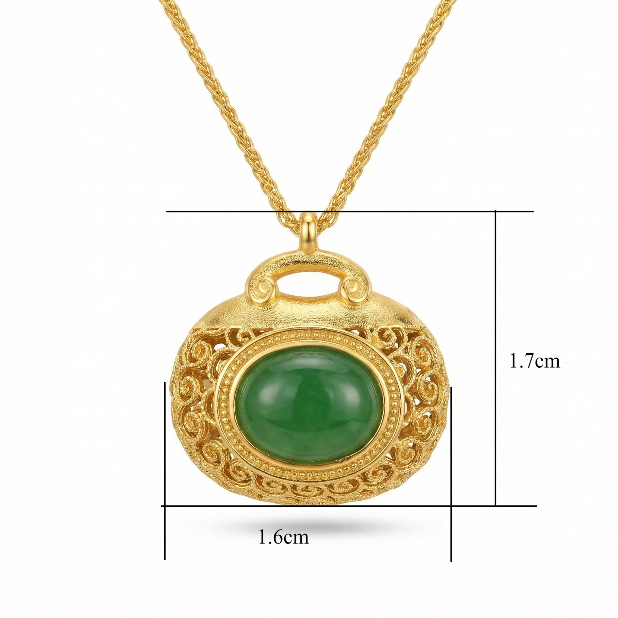 925 Sterling Silver Elegant Filigree Green Jadeite Pendant Necklace with Intricate Textured Metallic Detail