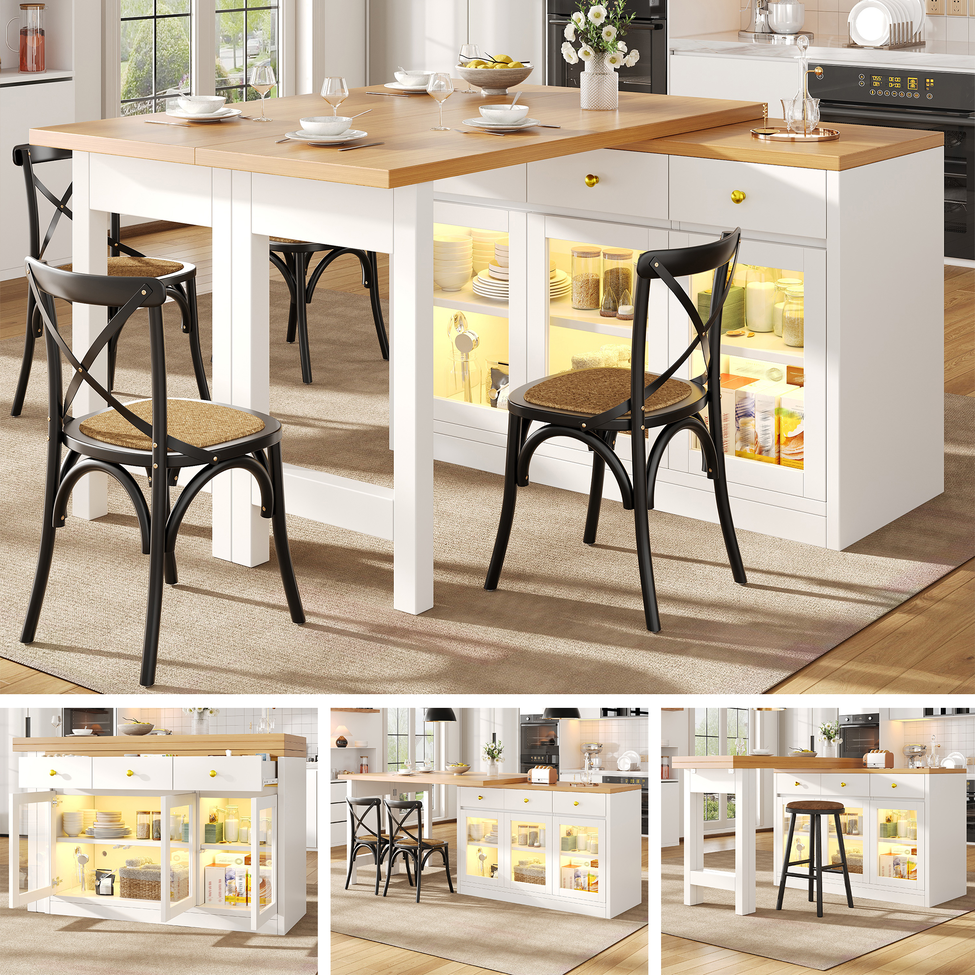 Extendable Kitchen Island With LED Lights, 120-200cm Adjustable Dining Table With Storage, 3 Drawers & Glass Cabinets, White Black