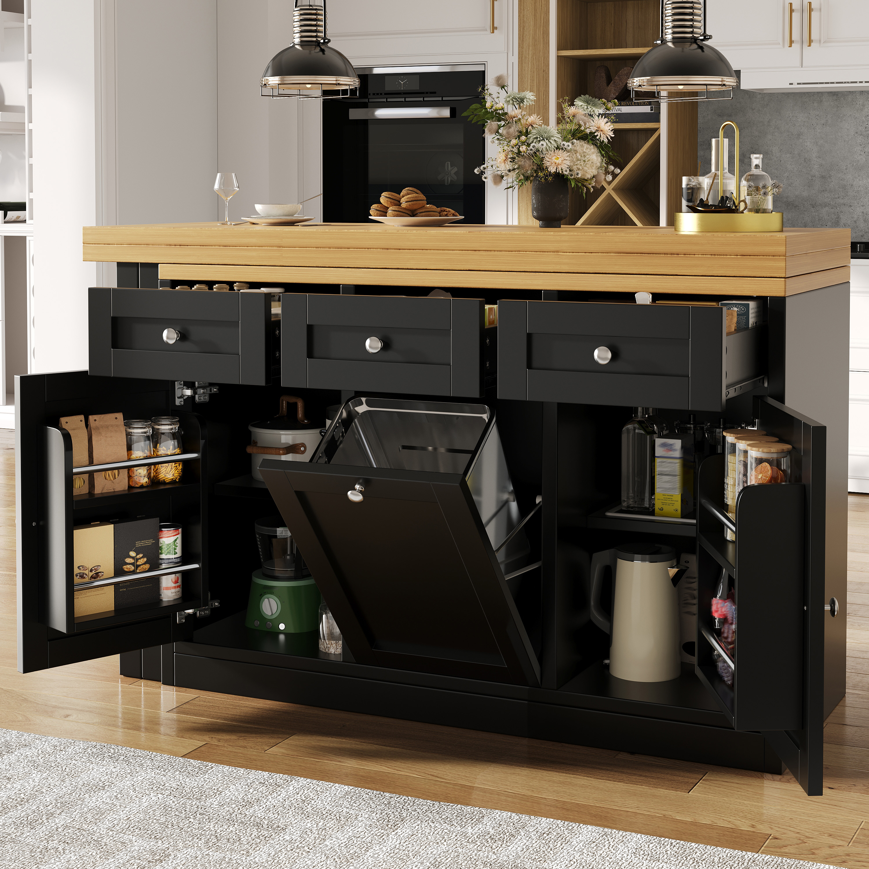 Extendable Bar Table With Storage Space, Fold-out Dining Table With Drawer And Snack Tray, Pull Out Bin Holder  Bin Not Included , Space-saving Design For Small Flats, Kitchens, Balconies,Black