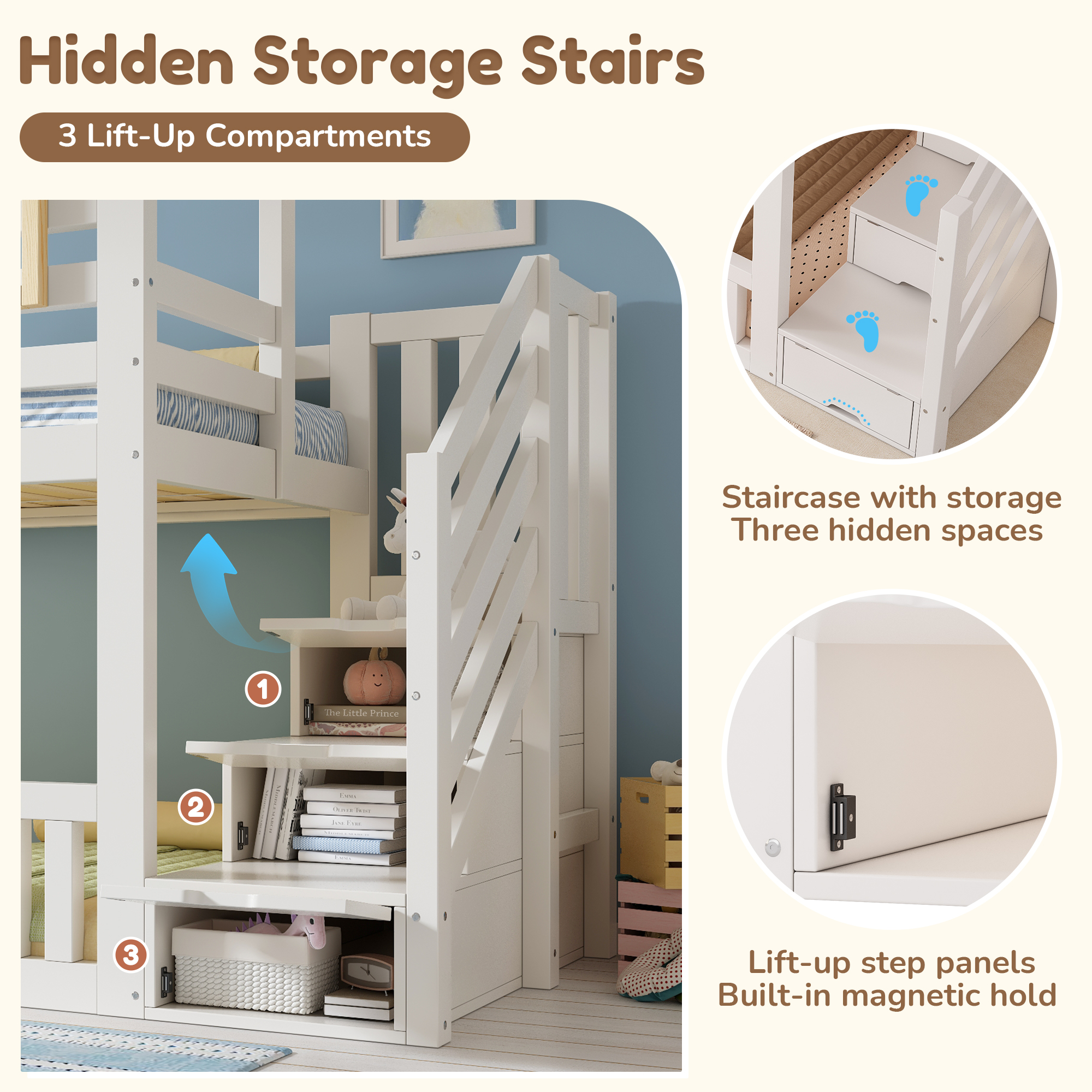 Bunk Beds For Kids, Wooden Cabin Bed With Staircase Storage, Multi-functional Tree-house Bed, Children's House Bed, Twin Sleeper  90 90  X 190 Cm, Solid Wood, White