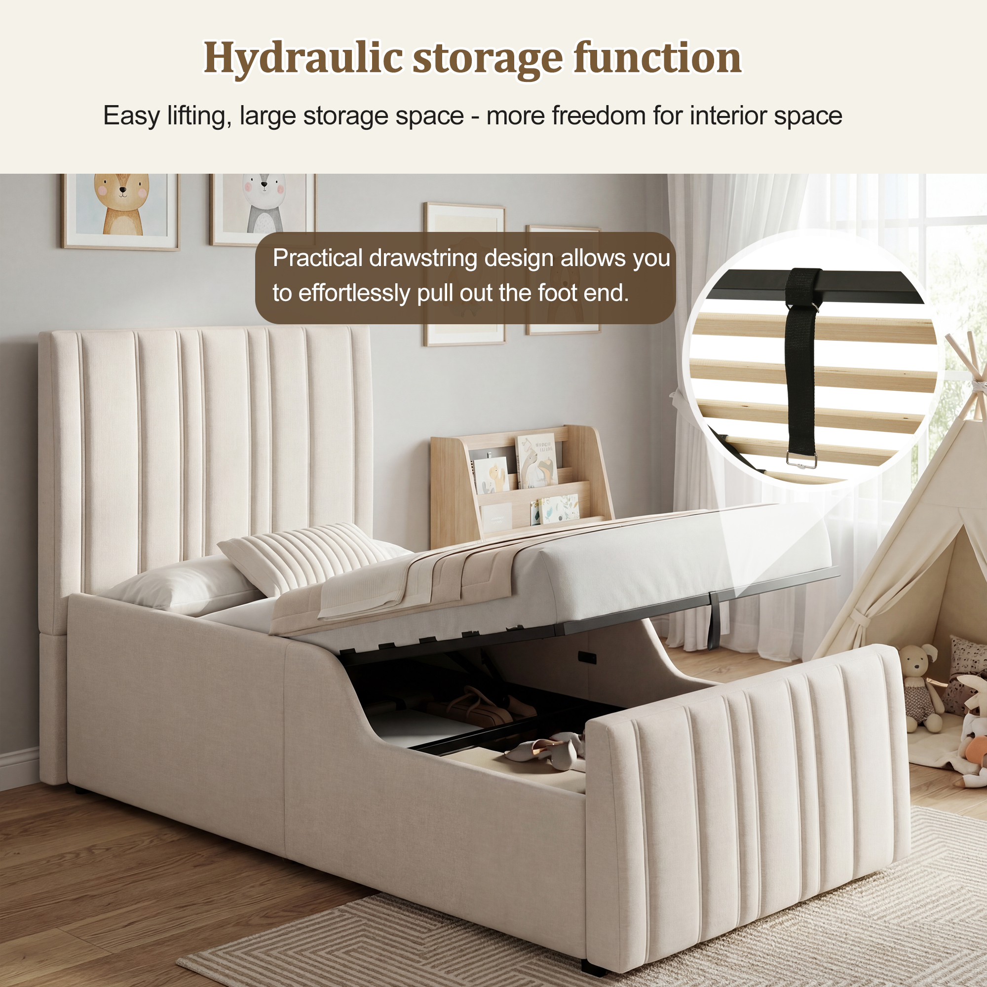 Upholstered Bed, Single Bed, Children's Bed, 3ft-90 X 190cm, Hydraulic Bed, Bed With Headboard And Large Storage Space, Upholstered Headboard, Beige, Linen