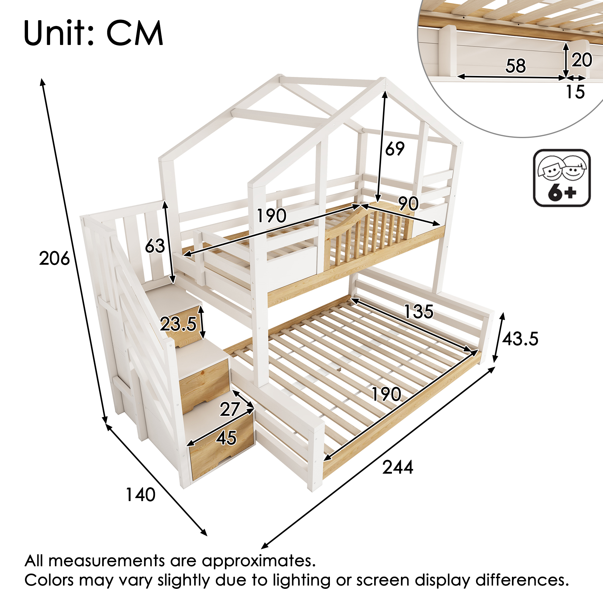 Bunk Beds For Kids, Staircase Bunk With Storage Space, Small House-shaped Children's Bed, Double Bunk Bed For Family With Multiple Children,  90 135  X 190 Cm, Solid Wood, White & Natural