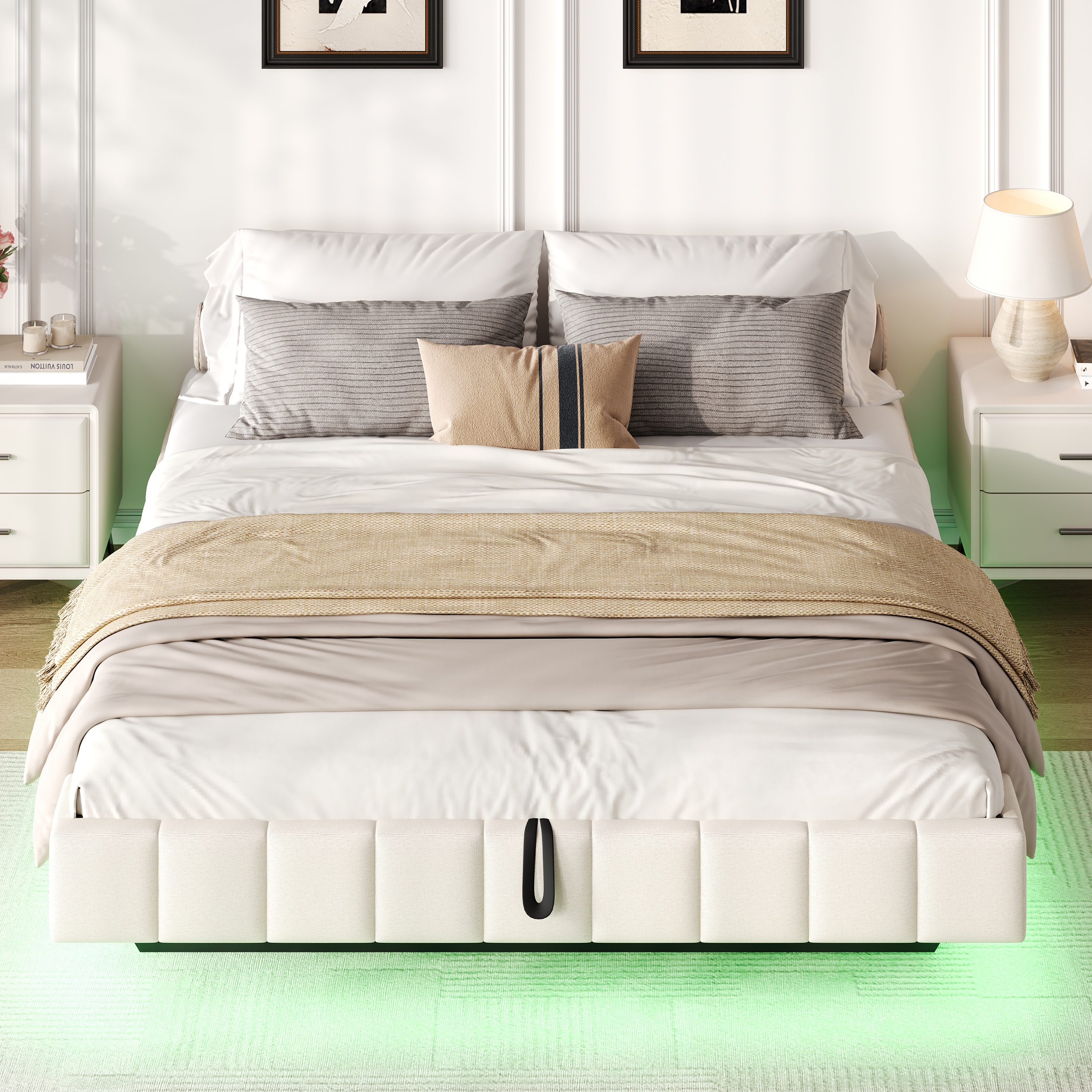 4ft6 Double Floating Bed Frame With Hydraulic Under-bed Storage & Smart RGB LED Lights, No Headboard Upholstered Bed With Concealed Anti-Collision Leg, Linen Fabric, Beige  No Mattress