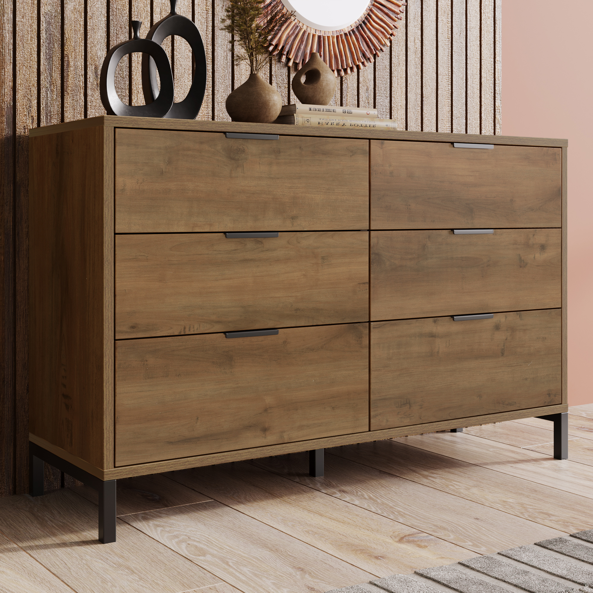 Sideboard Cabinet For Living Room, Chest Of Drawers With 6 Drawers, Dark Oak, 120W X 40D X 76H Cm