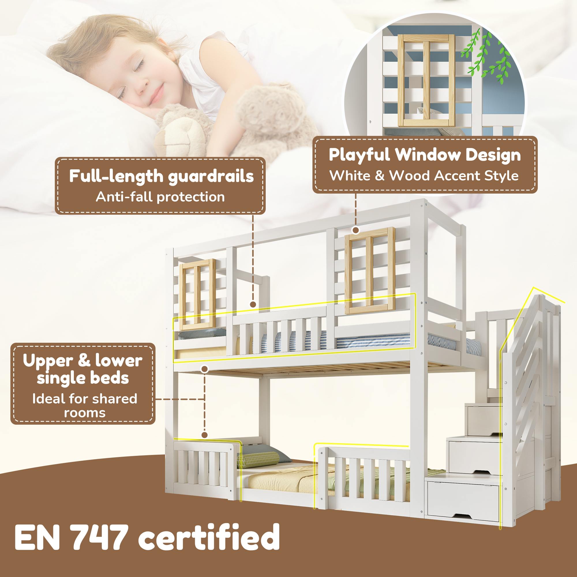 Bunk Beds For Kids, Wooden Cabin Bed With Staircase Storage, Multi-functional Tree-house Bed, Children's House Bed, Twin Sleeper  90 90  X 190 Cm, Solid Wood, White