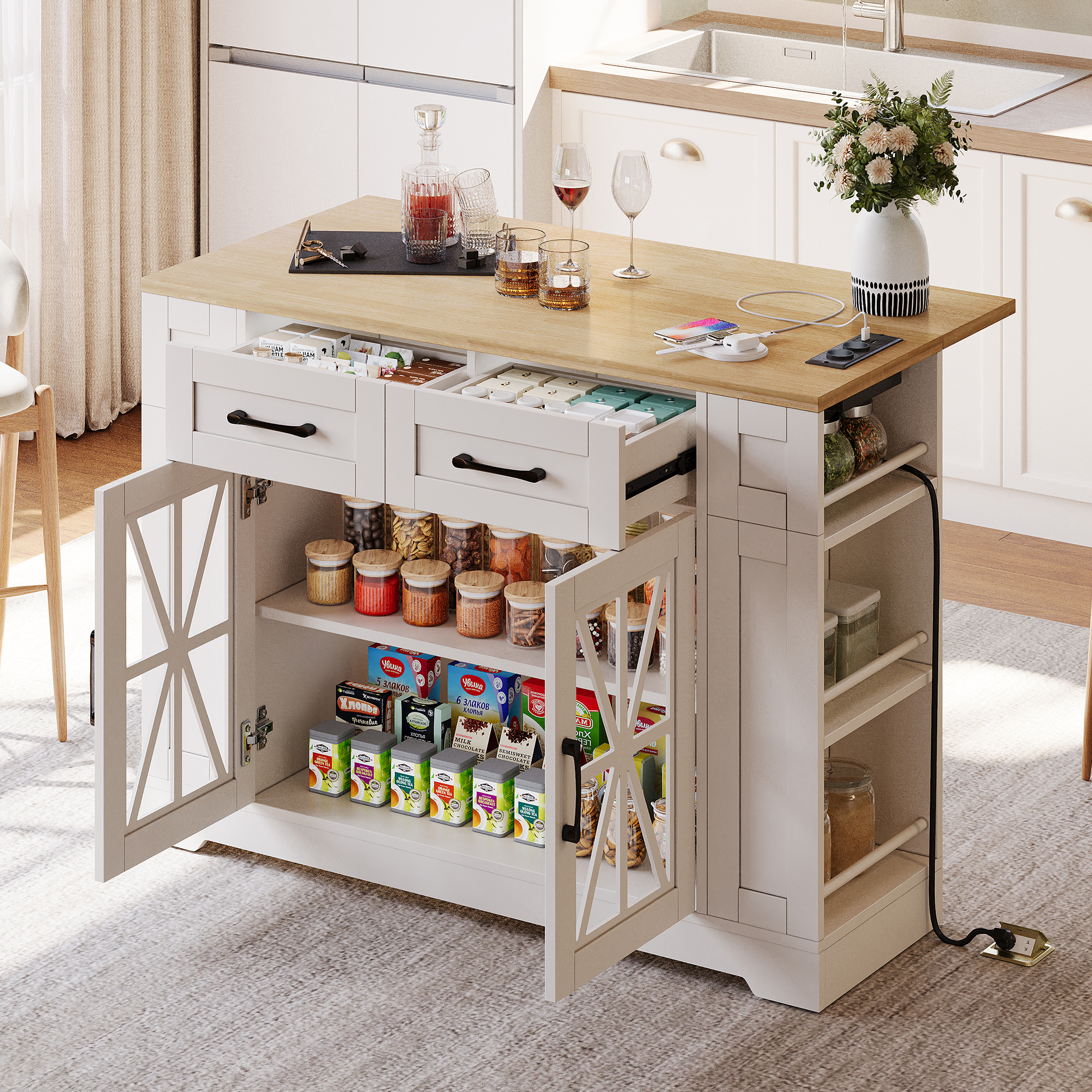 Kitchen Island On Wheels, With Foldable Tabletop, AC Socket, USB Port, Glass Door, Adjustable Shelves Suitble For Kitchen, Dining Room, Living Room,120x65x92