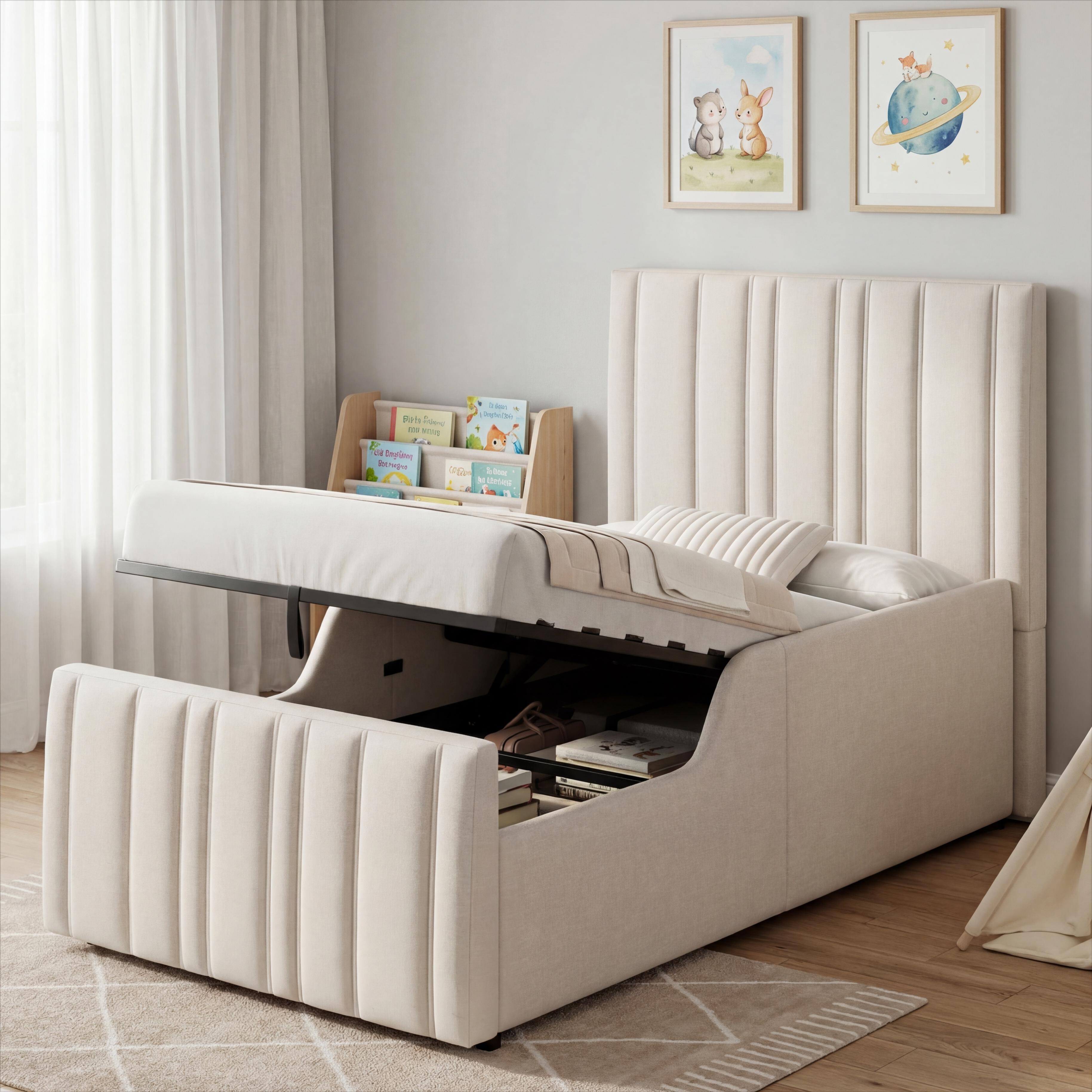 Upholstered Bed, Single Bed, Children's Bed, 3ft-90 X 190cm, Hydraulic Bed, Bed With Headboard And Large Storage Space, Upholstered Headboard, Beige, Linen