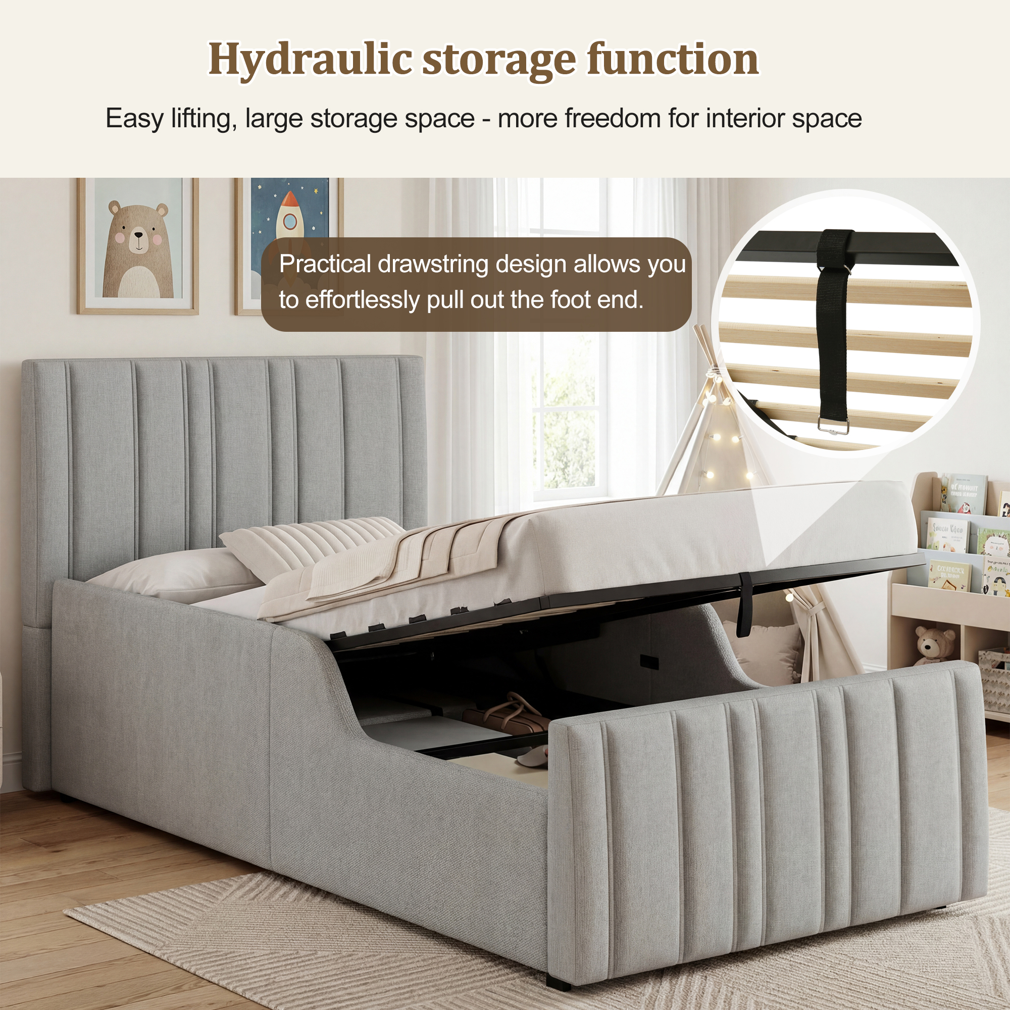 Upholstered Bed, Single Bed, Children's Bed, 3ft-90 X 190cm, Hydraulic Bed, Bed With Headboard And Large Storage Space, Upholstered Headboard, Grey, Linen