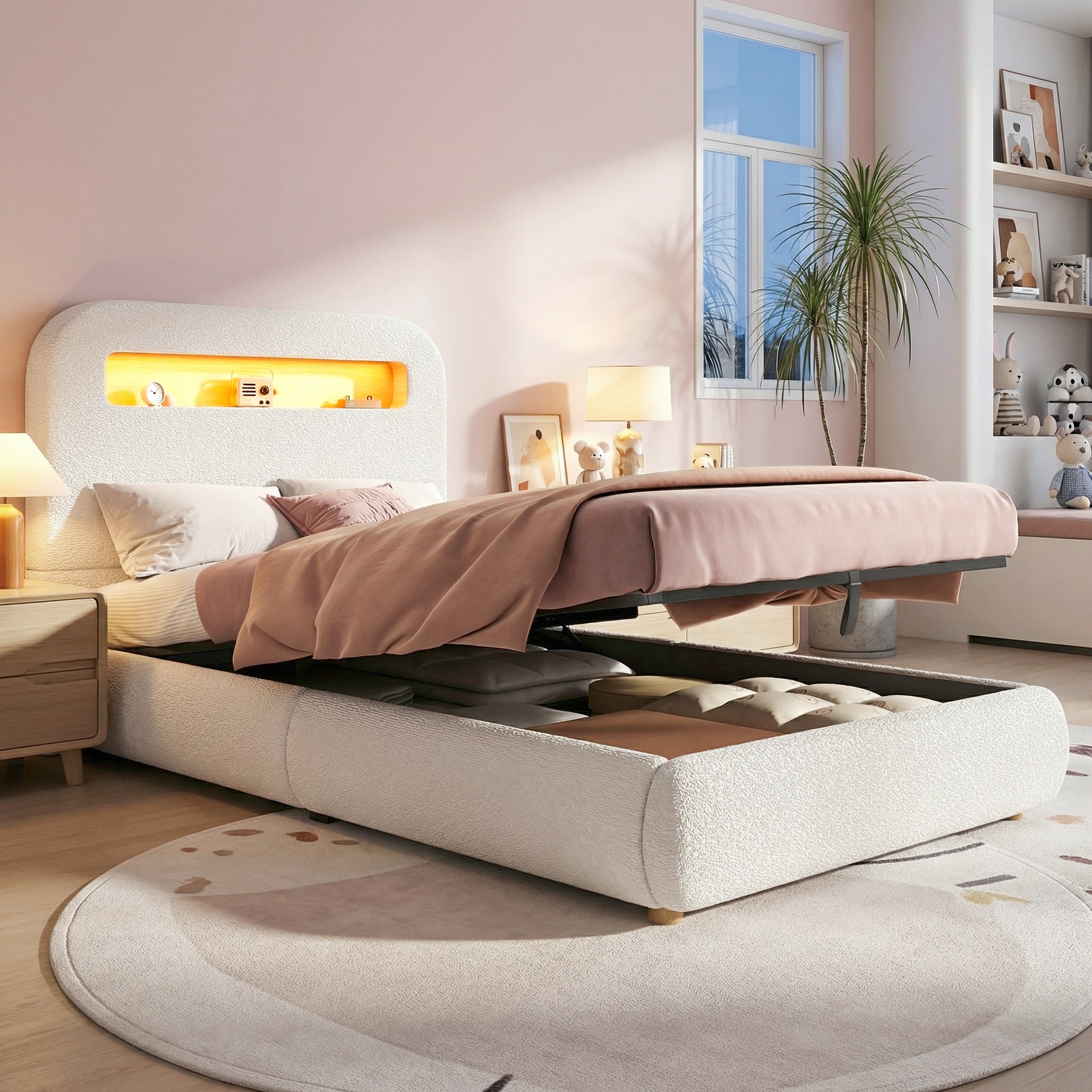 Upholstered Bed, Single Bed, Childrens Bed, 3ft-90 X 190cm, Hydraulic Bed, Bed With Headboard And Large Storage Space, LED Lighting, Solid Wood Legs, White, Boucle