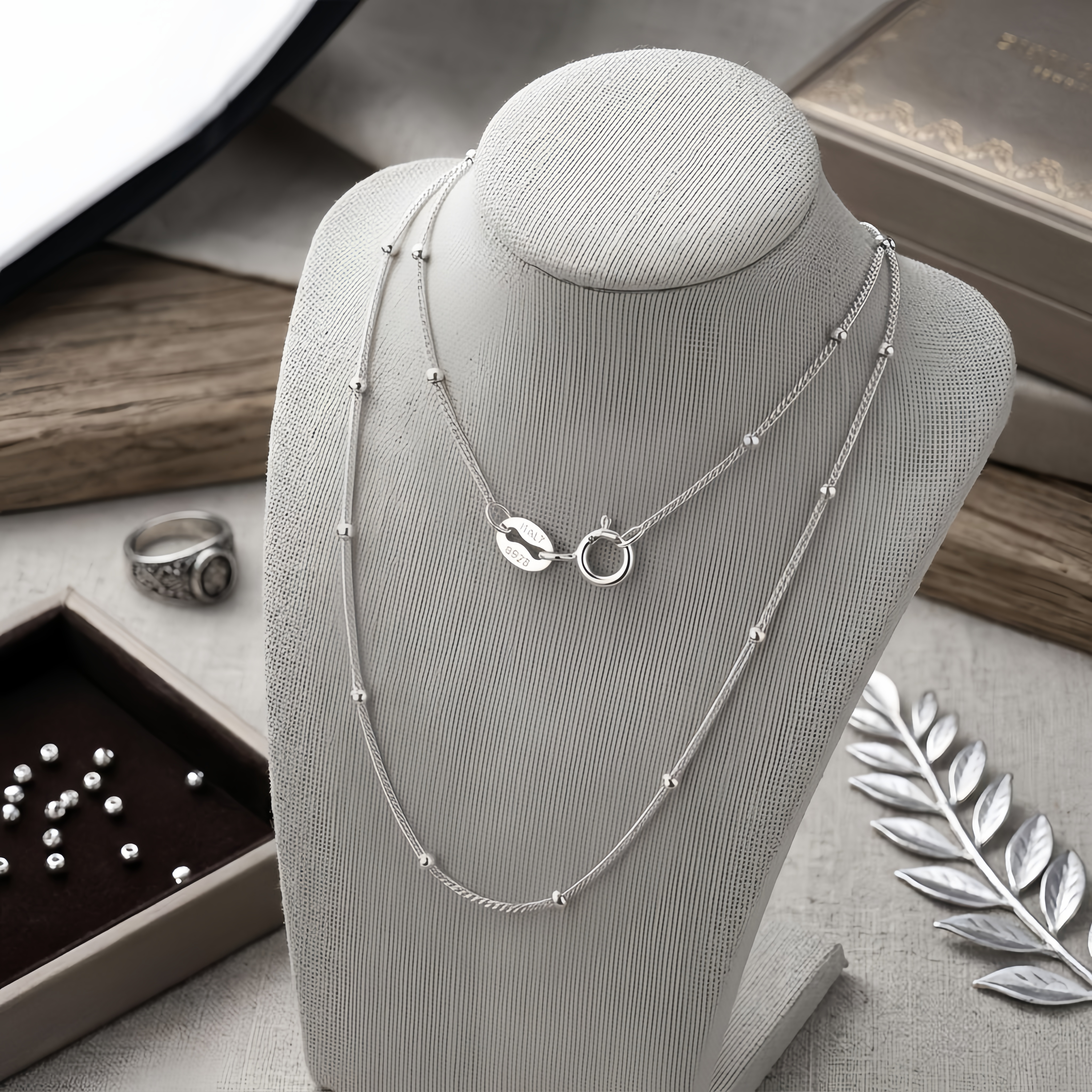 925 Sterling Silver Italian-Made 14K White Gold Bead-Accented Chain Necklace