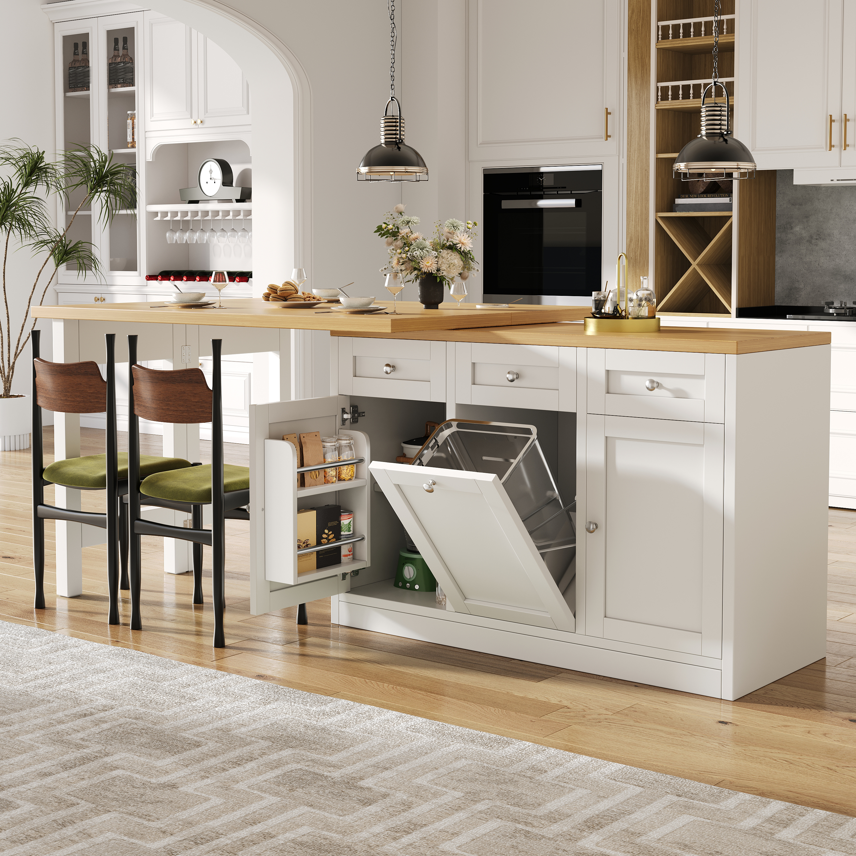 Extendable Bar Table With Storage Space, Fold Out Dining Table With Drawer And Snack Tray, Pull-out Bin Holder  Bin Not Included , Space-saving Design For Small Flats, Kitchens, Balconies,White