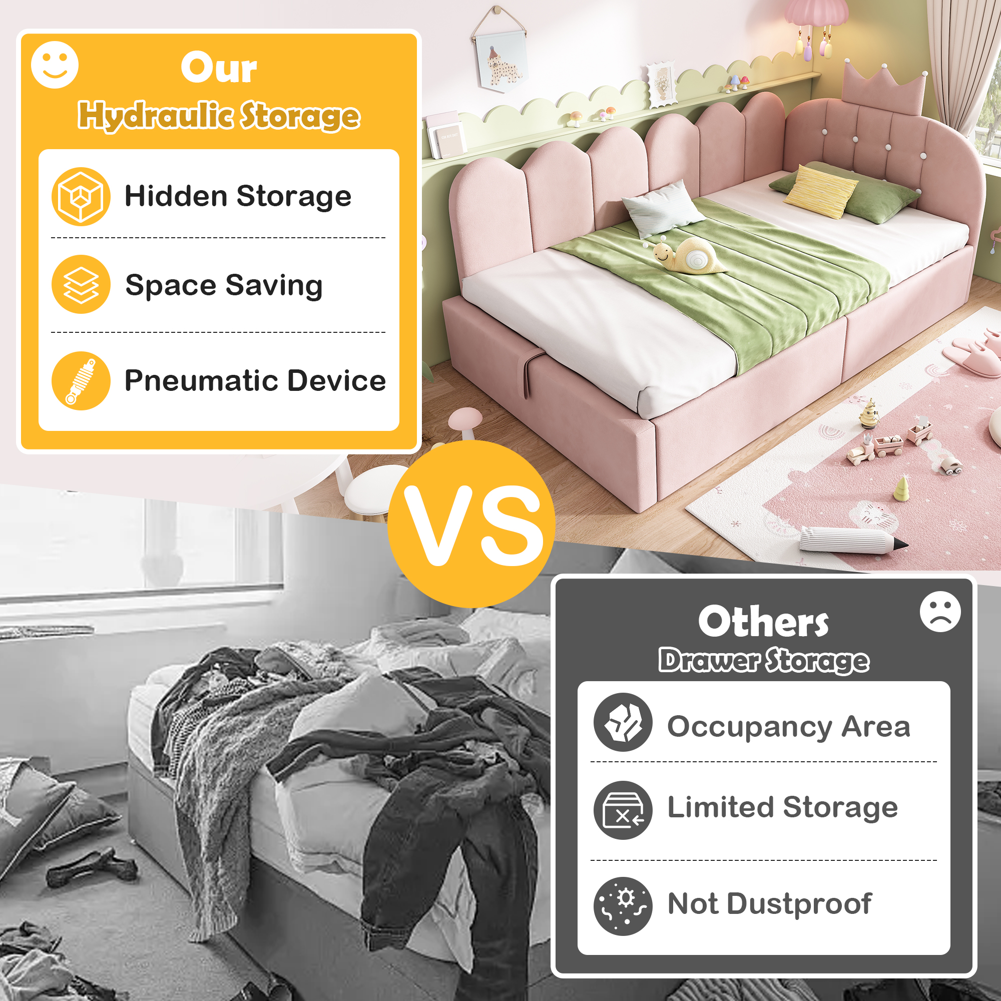 Upholstered Daybed With Hydraulic Storage, 3FT Single Sofa Bed 90 X 190 Cm, Crown-shaped Bed Guest Beds For Adults & Children, Velvet,  No Mattress