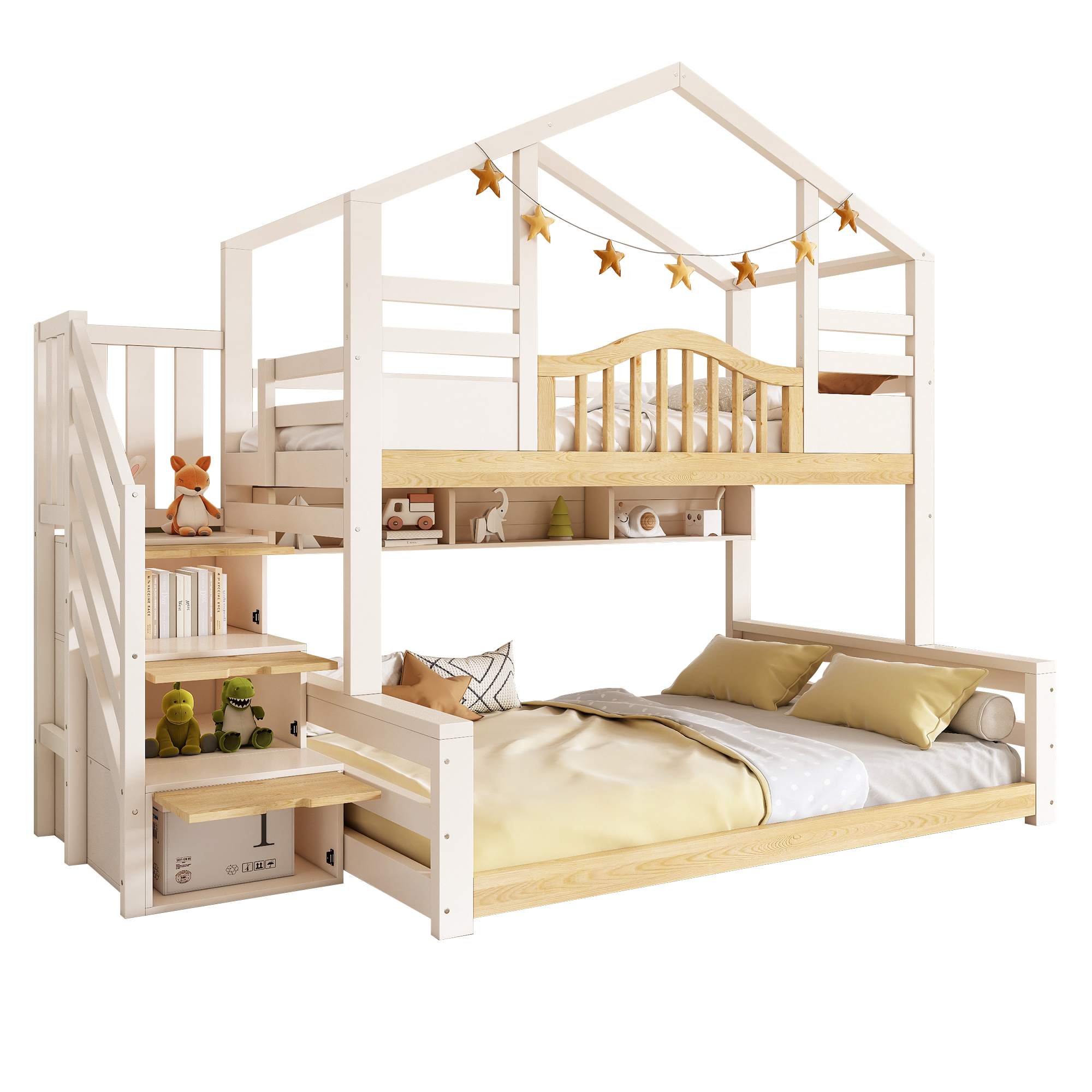 Bunk Beds For Kids, Staircase Bunk With Storage Space, Small House-shaped Children's Bed, Double Bunk Bed For Family With Multiple Children,  90 135  X 190 Cm, Solid Wood, White & Natural