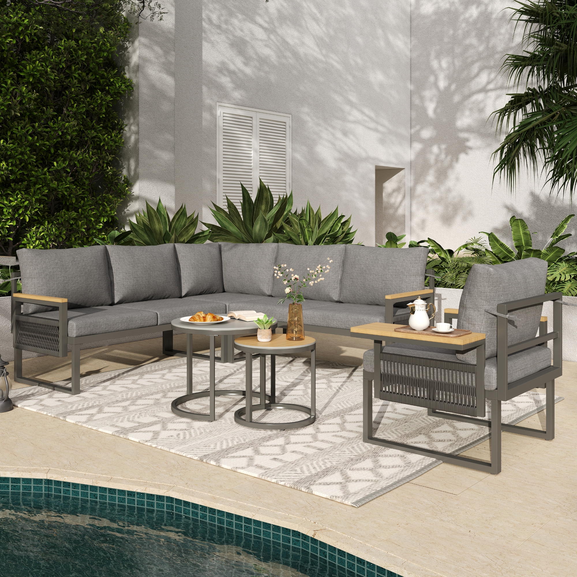 5-6 Seater Garden Furniture Set, Rope Woven Outdoor Corner Sofa With Matching Armchair, 2 Nesting Tempered Glass Coffee Tables And Adjustable Handrail Trays, Patio Lounge Set, Linen, Grey