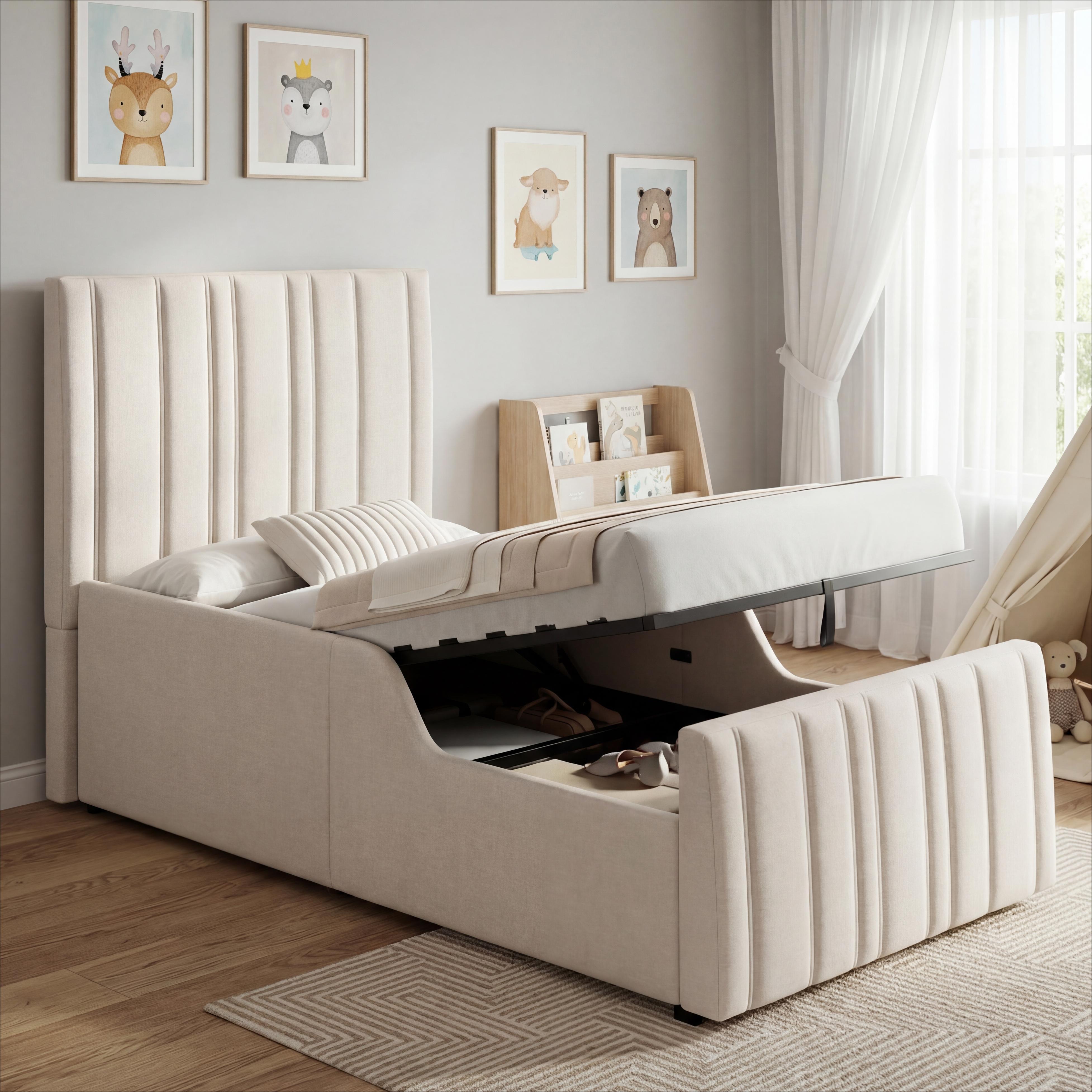 Upholstered Bed, Single Bed, Children's Bed, 3ft-90 X 190cm, Hydraulic Bed, Bed With Headboard And Large Storage Space, Upholstered Headboard, Beige, Linen