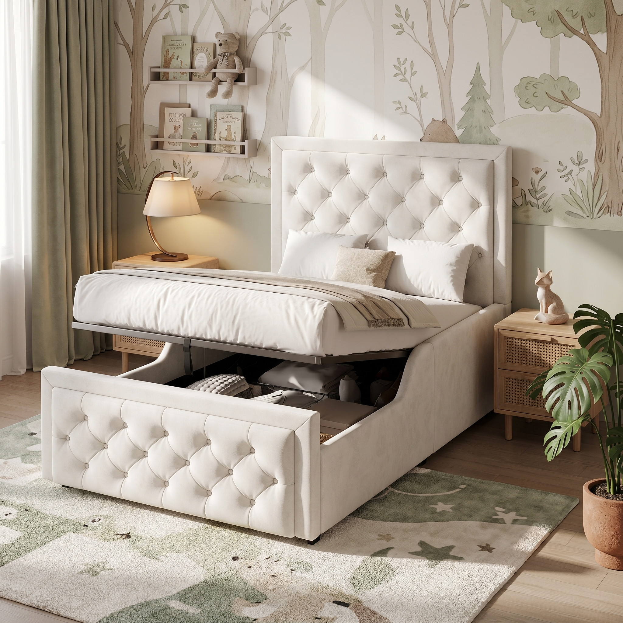 Upholstered Bed, Single Bed, Children's Bed, 3ft-90 X 190cm, Hydraulic Bed, Bed With Headboard And Large Storage Space, Upholstered Headboard, Beige, Velvet