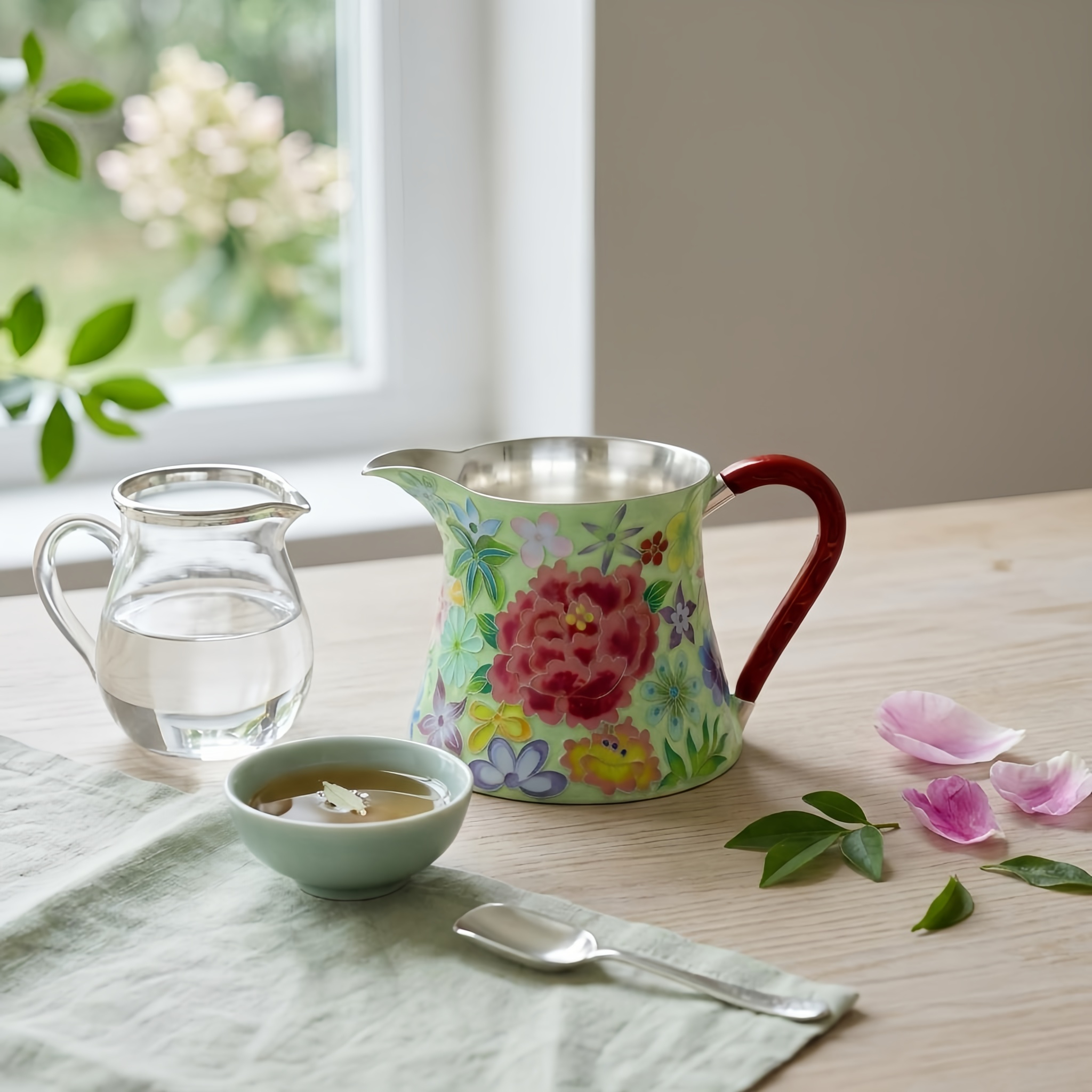 Pure 999 Fine Silver Elegant Hand-Painted Enamel Floral Pitcher with Red Sculpted Handle - Handicraft
