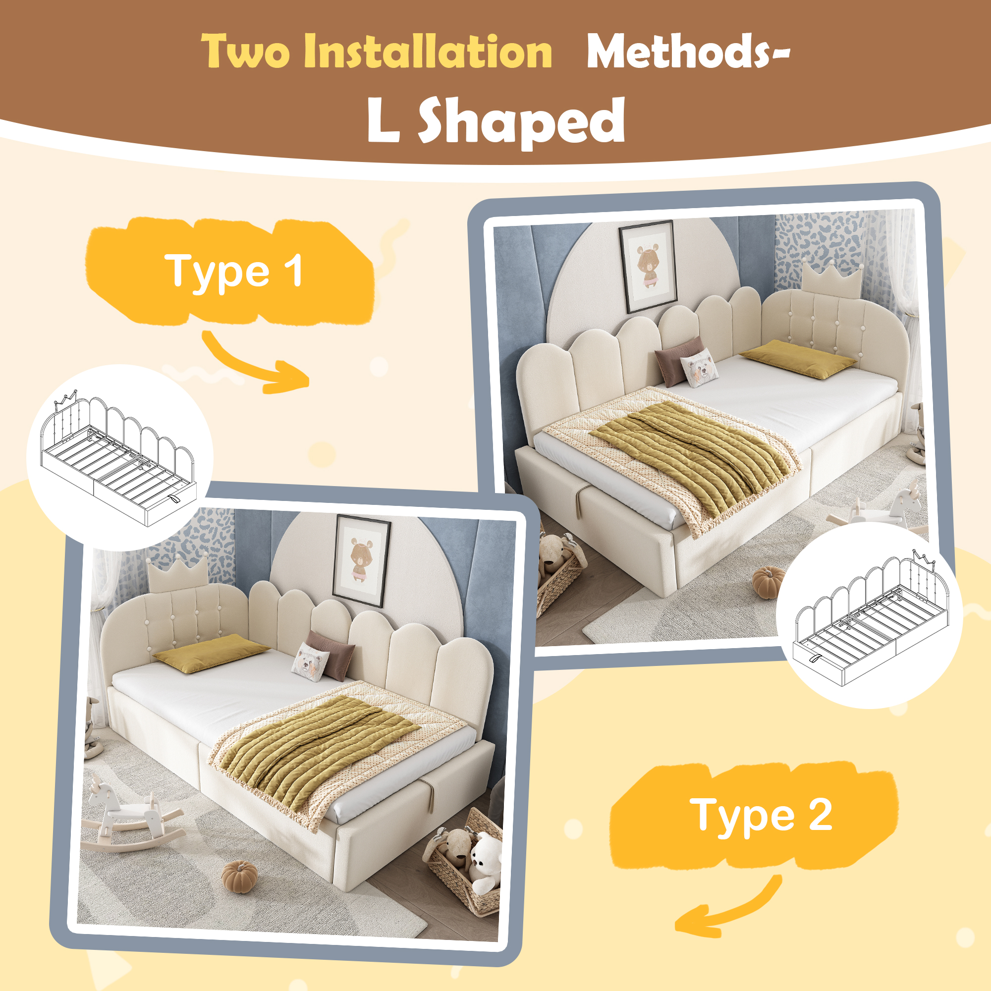 Upholstered Daybed With Hydraulic Storage, 3FT Single Sofa Bed 90 X 190 Cm, Crown-shaped Bed Guest Beds For Adults & Children, Velvet, Beige  No Mattress