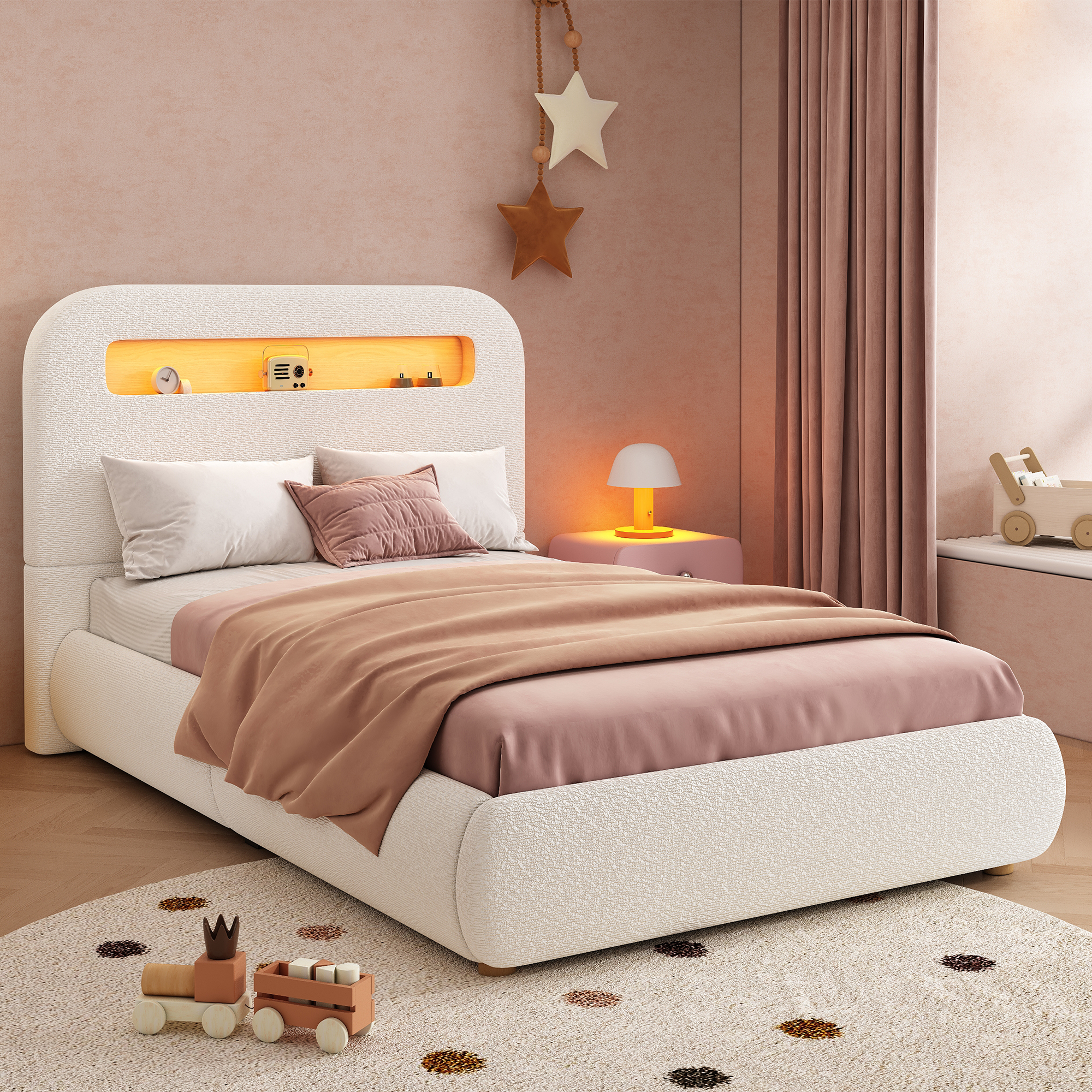 Upholstered Bed, Single Bed, Childrens Bed, 3ft-90 X 190cm, Hydraulic Bed, Bed With Headboard And Large Storage Space, LED Lighting, Solid Wood Legs, White, Boucle