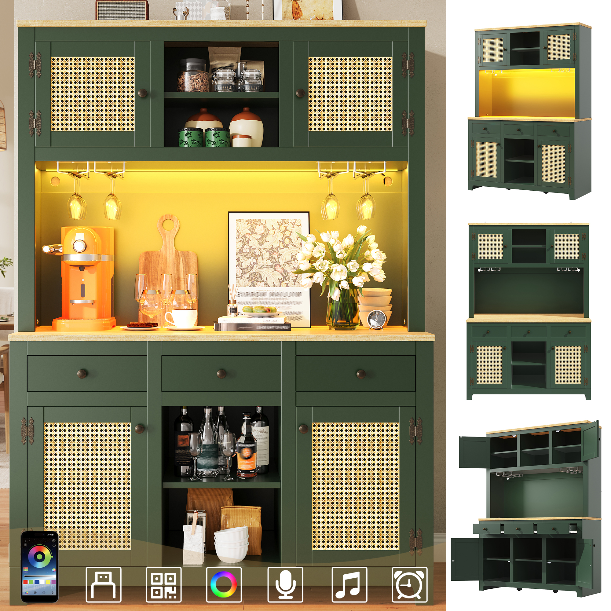 LED Tall Cabinet With Lighting System, PE Rattan Cabinet With Anti-tip Device, Large Freestanding Cabinet With Adjustable Shelves And Drawers, Vintage Storage Cabinet For Kitchen, Dining Room
