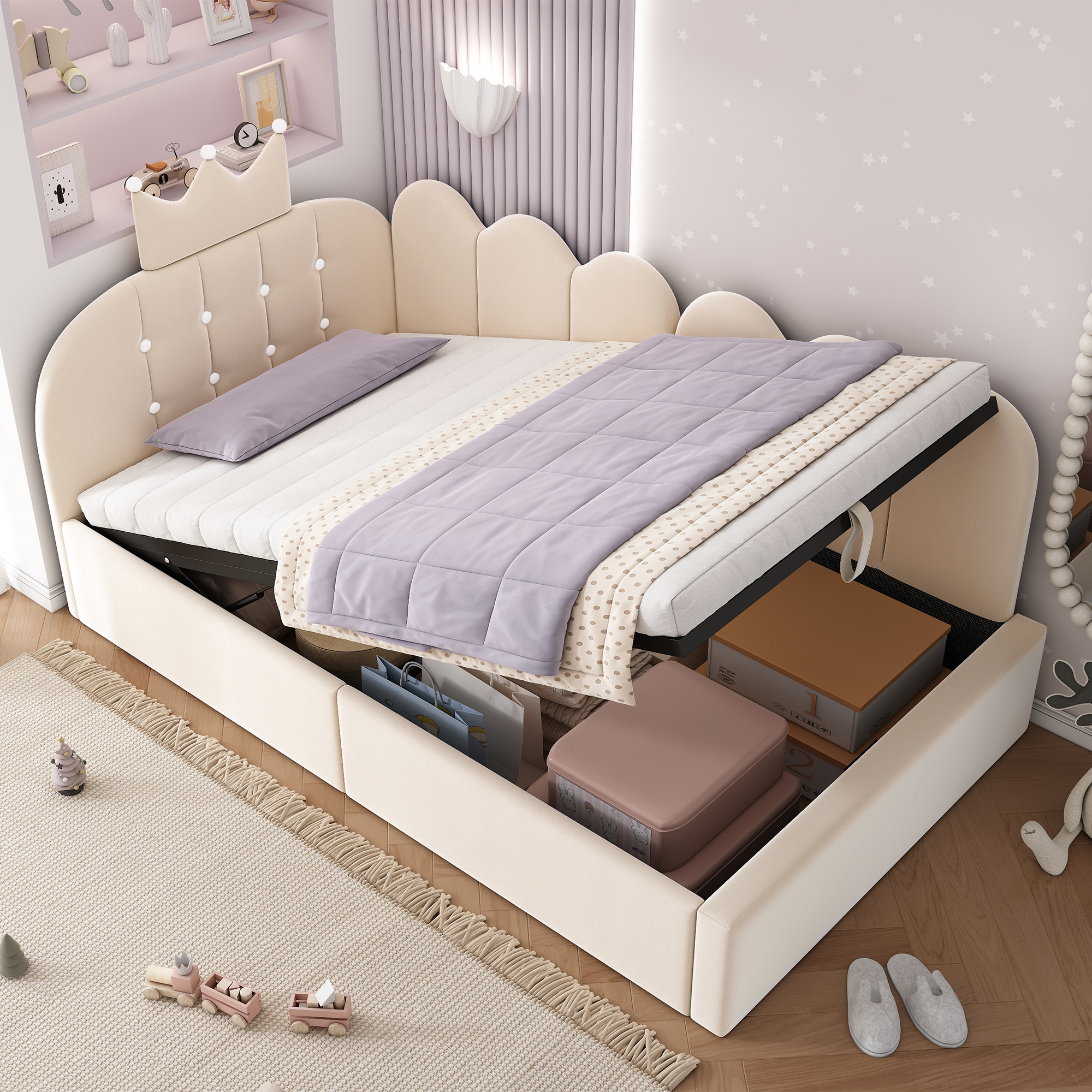 Upholstered Daybed With Hydraulic Storage, 3FT Single Sofa Bed 90 X 190 Cm, Crown-shaped Bed Guest Beds For Adults & Children, Velvet, Beige  No Mattress