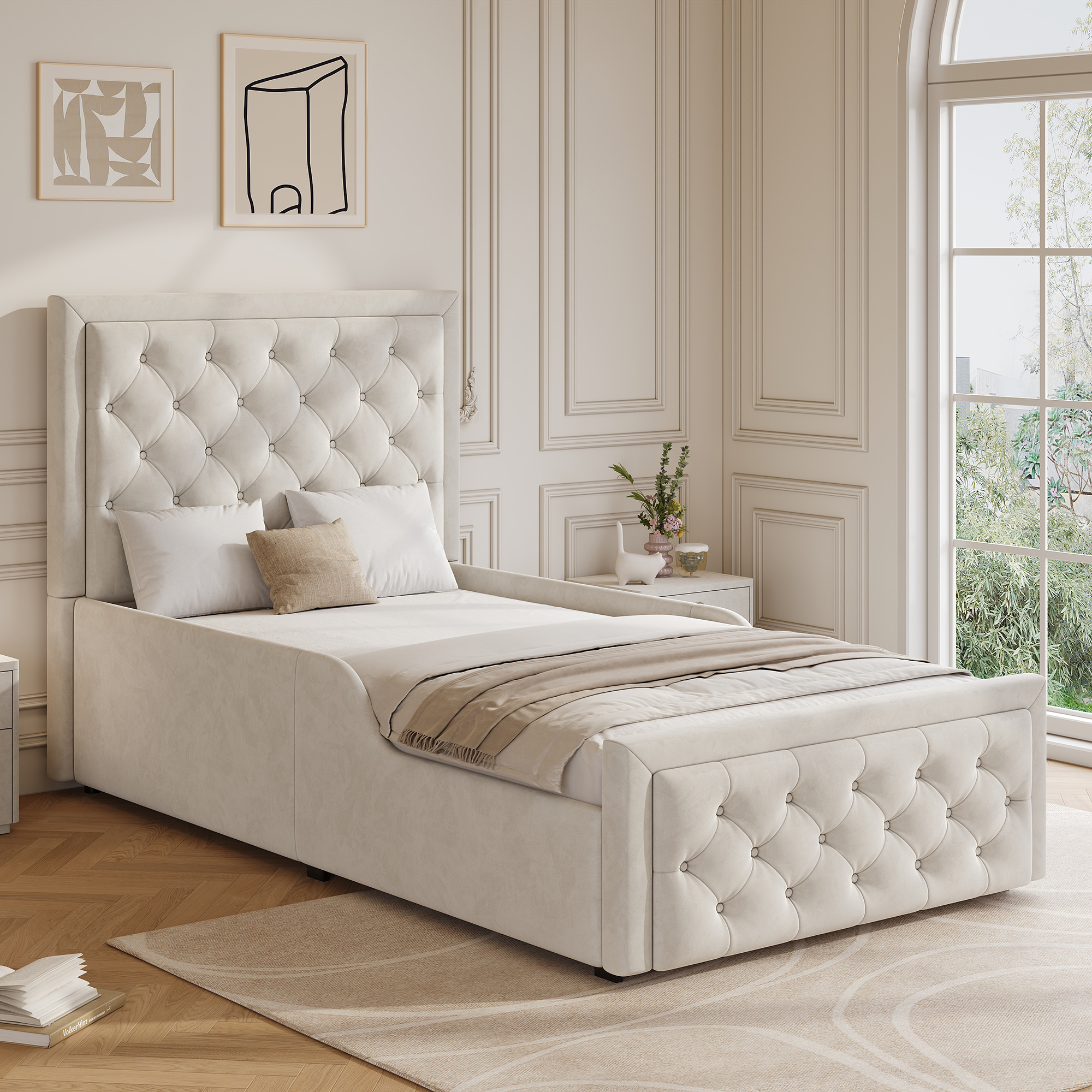 Upholstered Bed, Single Bed, Children's Bed, 3ft-90 X 190cm, Hydraulic Bed, Bed With Headboard And Large Storage Space, Upholstered Headboard, Beige, Velvet