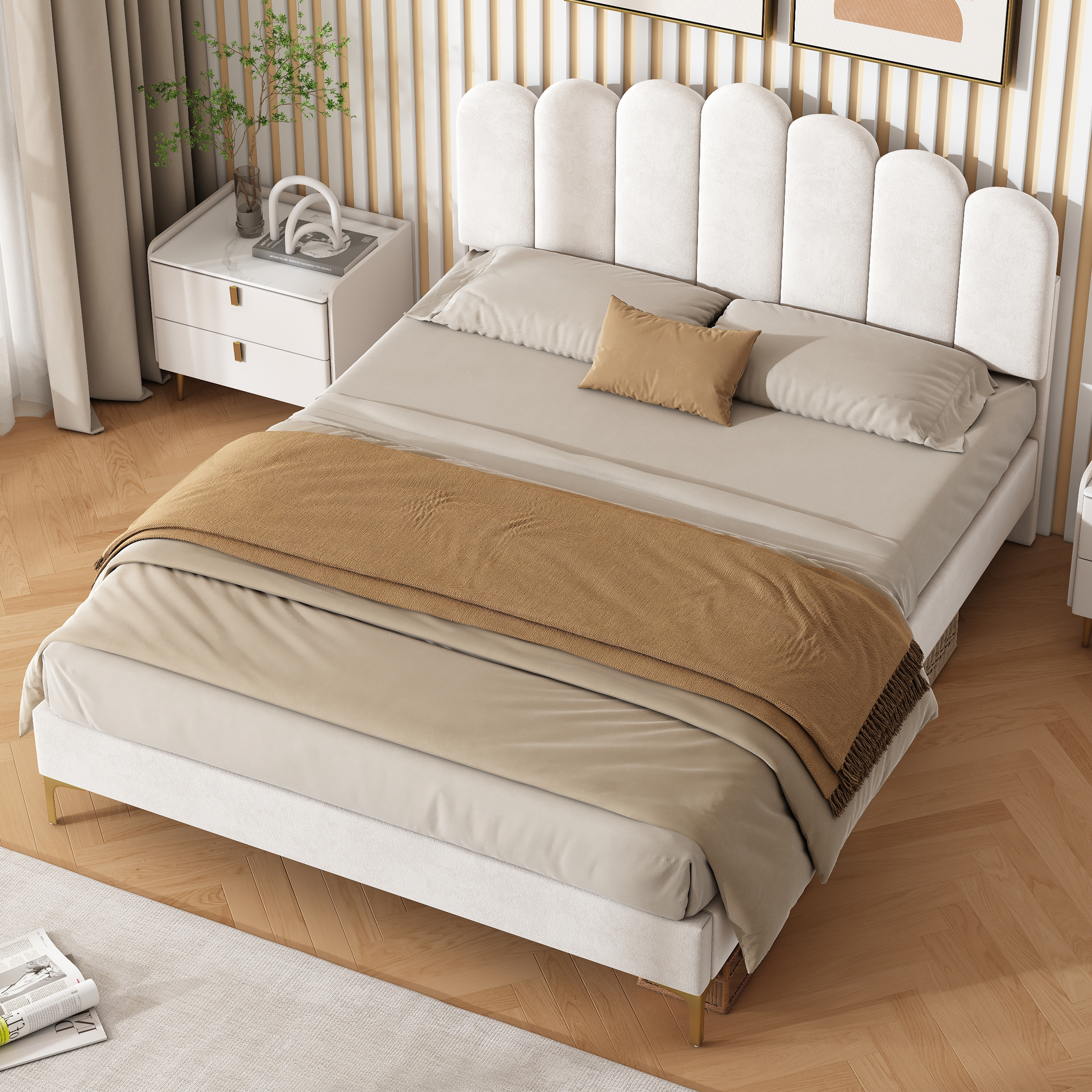 4ft6 Double Premium Velvet Upholstered Bed Frame With Scalloped Channel Tufted Design, Height Adjustable Headboard & Gold Metal Feet, Under-bed Storage Space, No Box Spring Needed, Beige  No Mattress