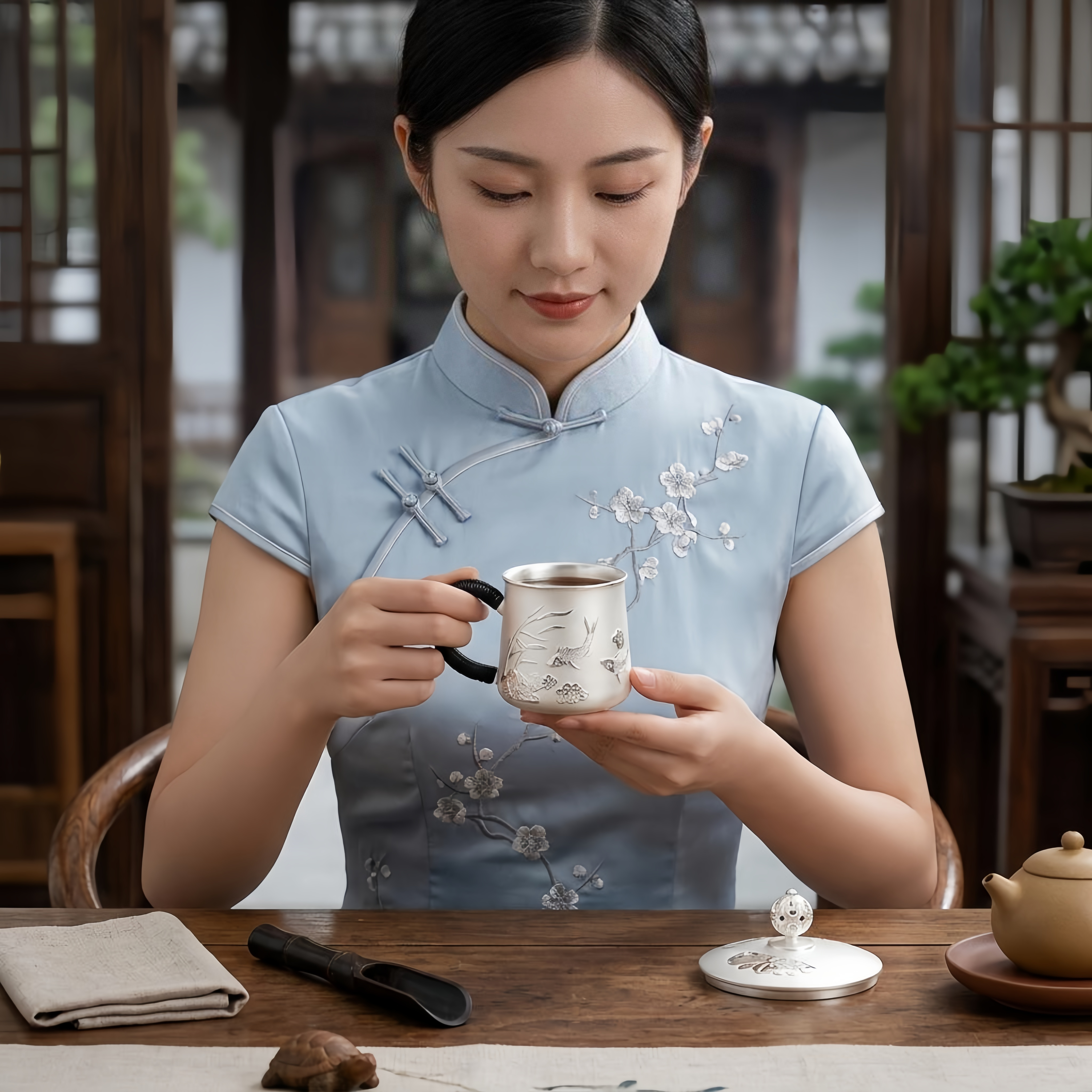 Pure 999 Fine Silver Elegant Ceramic Tea Cup with  Fish and Floral Design-Premium Tea Mug - Handicraft