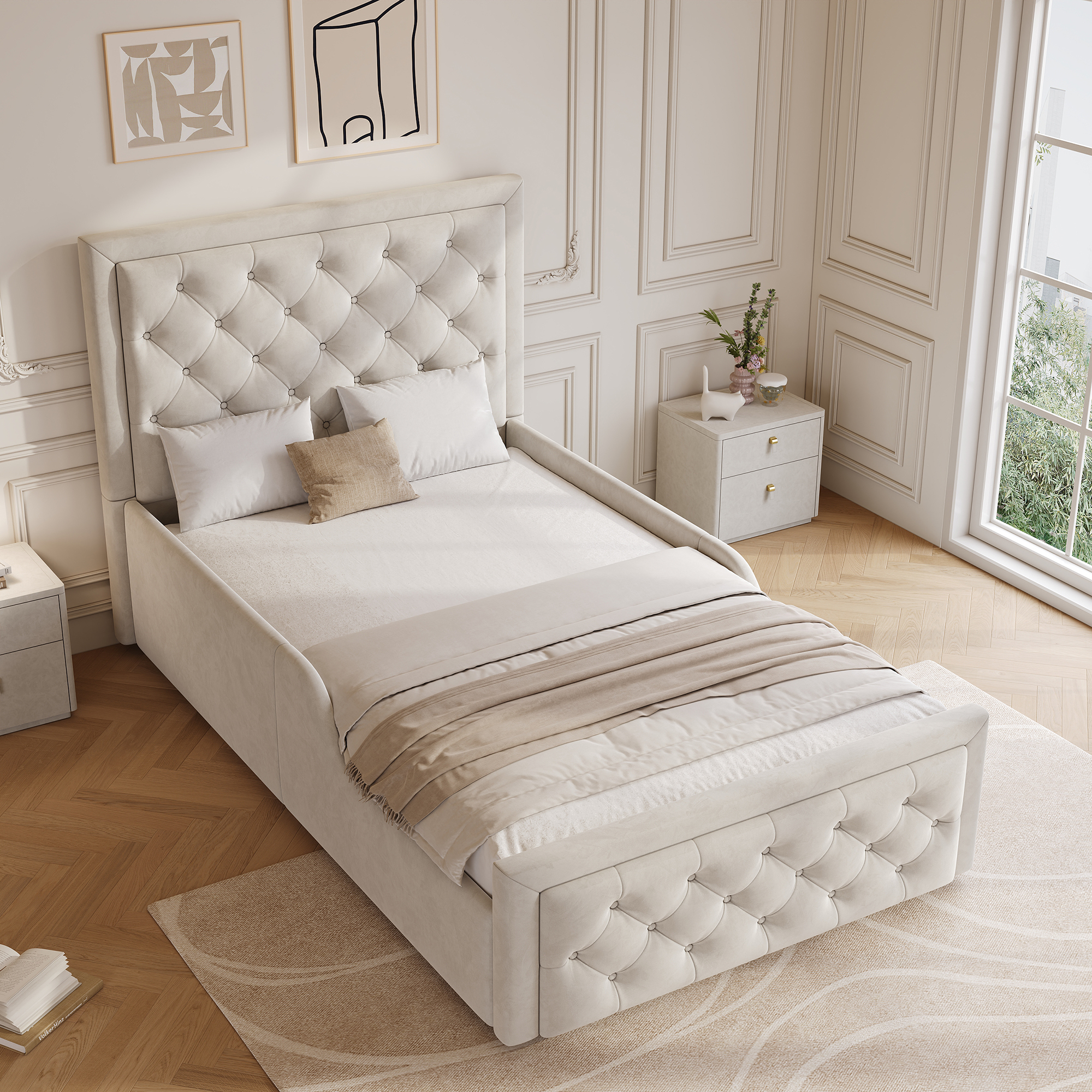 Upholstered Bed, Single Bed, Children's Bed, 3ft-90 X 190cm, Hydraulic Bed, Bed With Headboard And Large Storage Space, Upholstered Headboard, Beige, Velvet