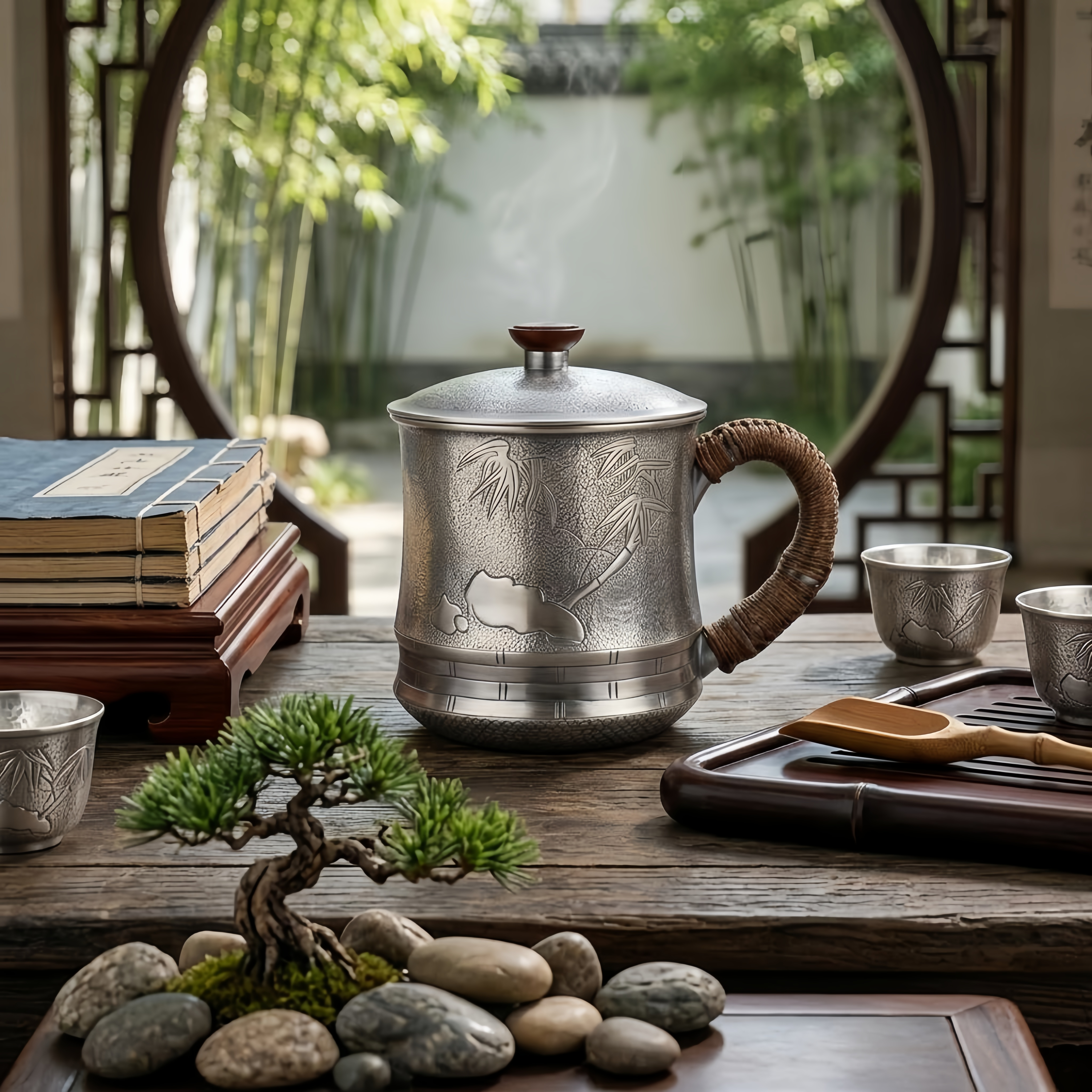 Pure 999 Fine Silver Elegant Metallic Tea Cup with Bamboo Motif and Woven Handle-Premium Tea Mug - Handicraft