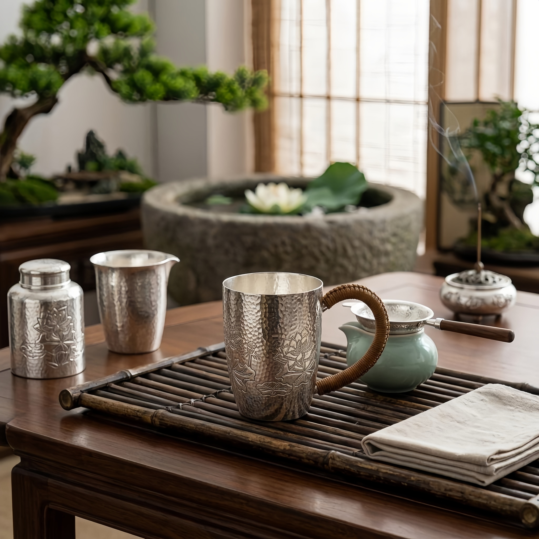 Pure 999 Fine Silver Hammered Silver Mug with Hand-Engraved Lotus Designs and Woven Handle - Handicraft