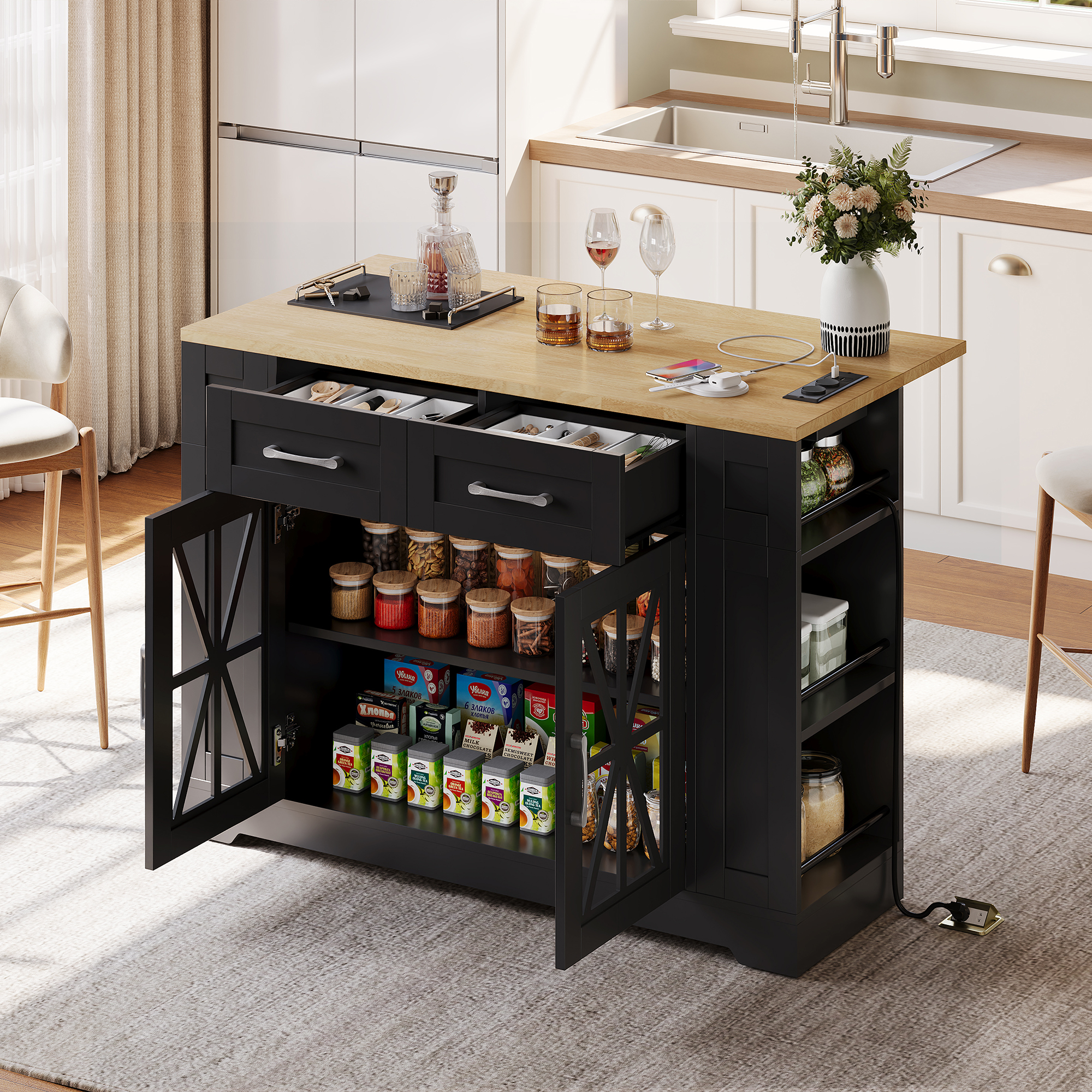 Kitchen Island On Wheels, With Foldable Tabletop, AC Socket, USB Port, Glass Door, Adjustable Shelves Suitble For Kitchen, Dining Room, Living Room,120x65x92