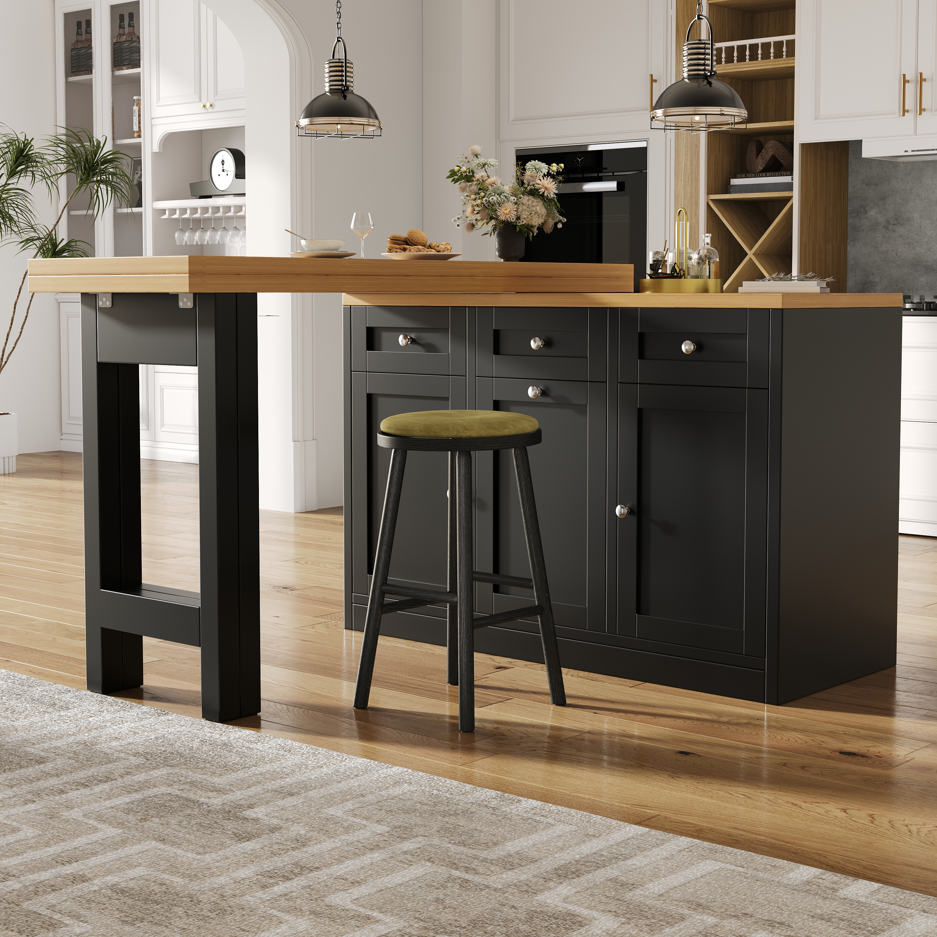 Extendable Bar Table With Storage Space, Fold-out Dining Table With Drawer And Snack Tray, Pull Out Bin Holder  Bin Not Included , Space-saving Design For Small Flats, Kitchens, Balconies,Black