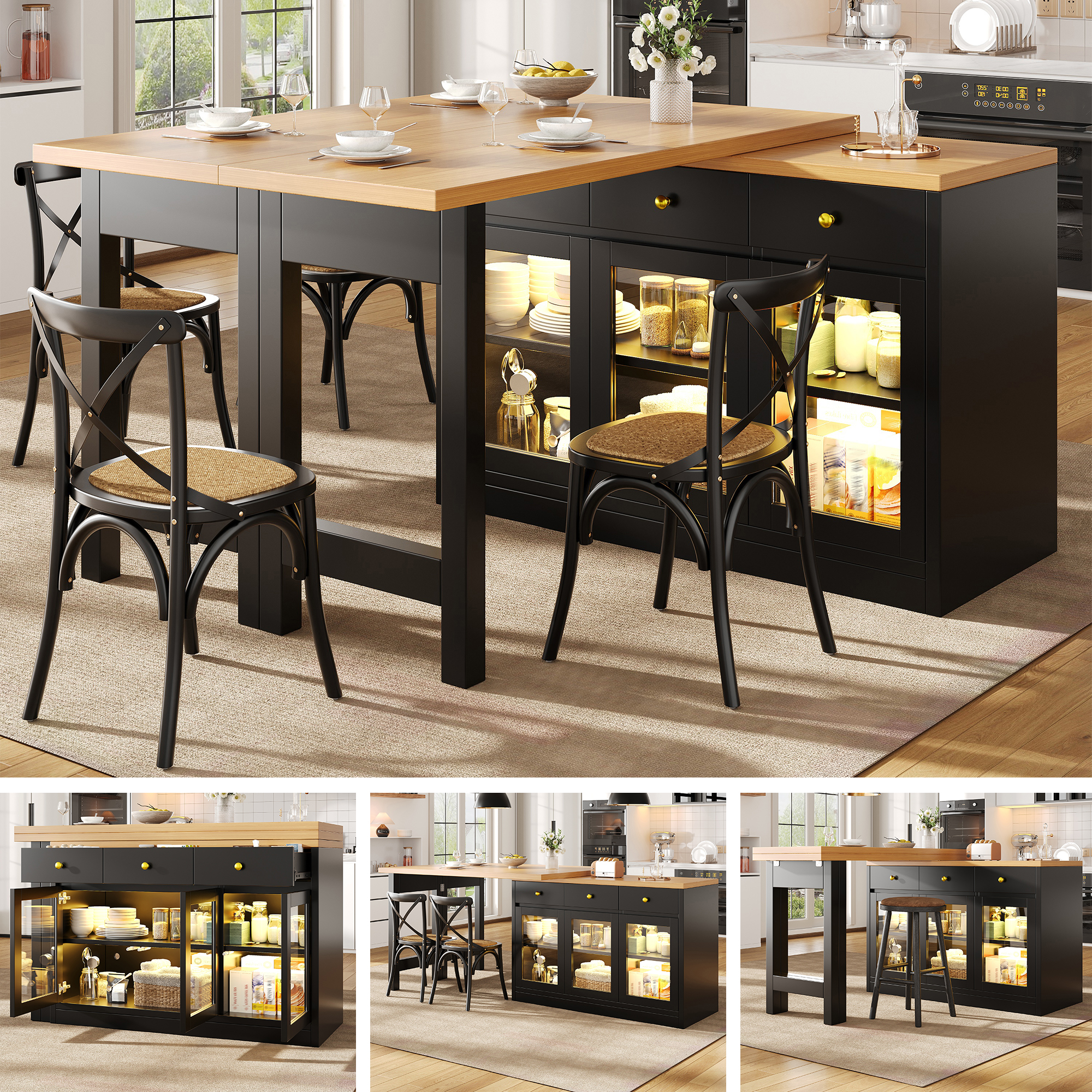 Extendable Kitchen Island With LED Lights, 120-200cm Adjustable Dining Table With Storage, 3 Drawers & Glass Cabinets, White Black