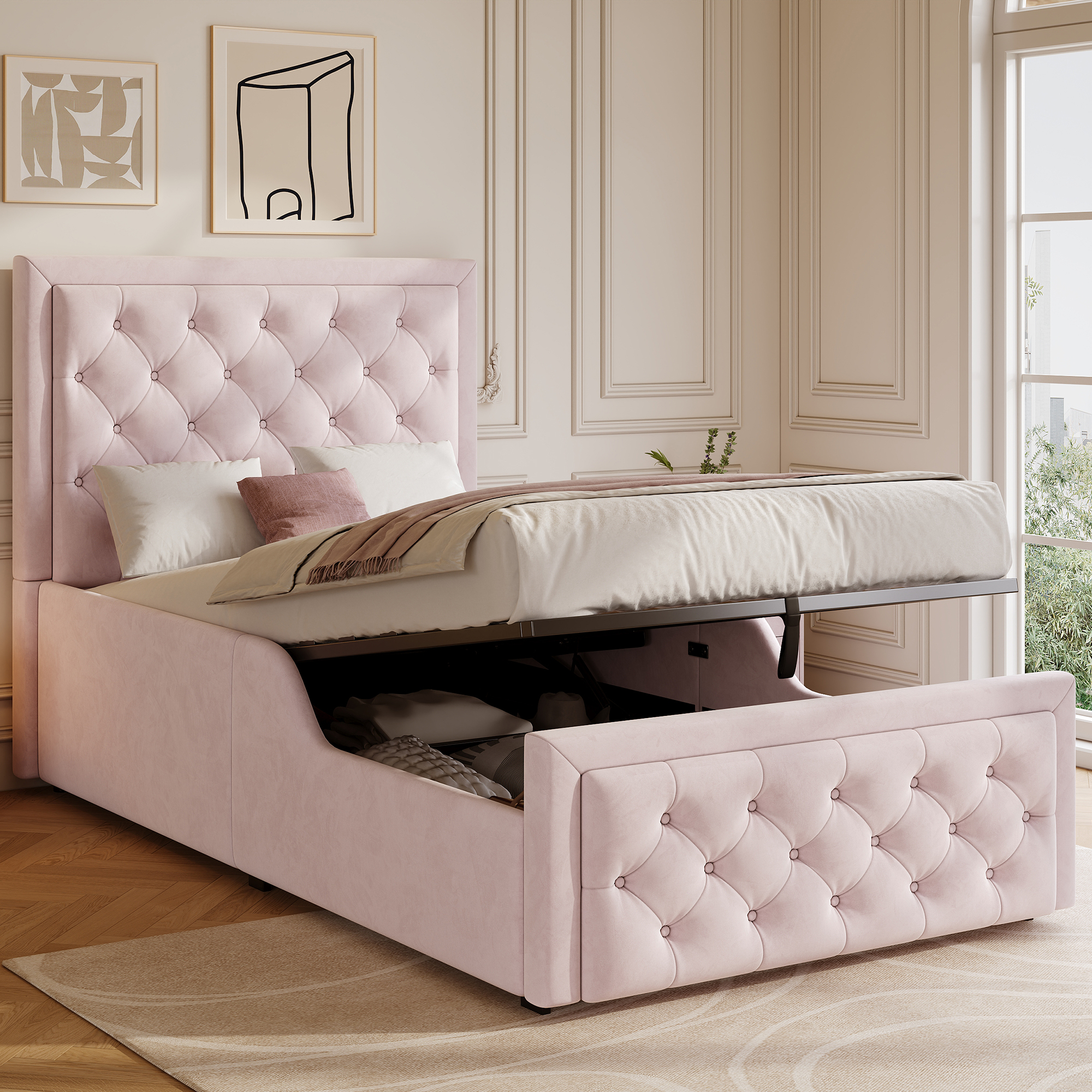 Upholstered Bed, Single Bed, Children's Bed, 3ft-90 X 190cm, Hydraulic Bed, Bed With Headboard And Large Storage Space, Upholstered Headboard, Pink, Velvet